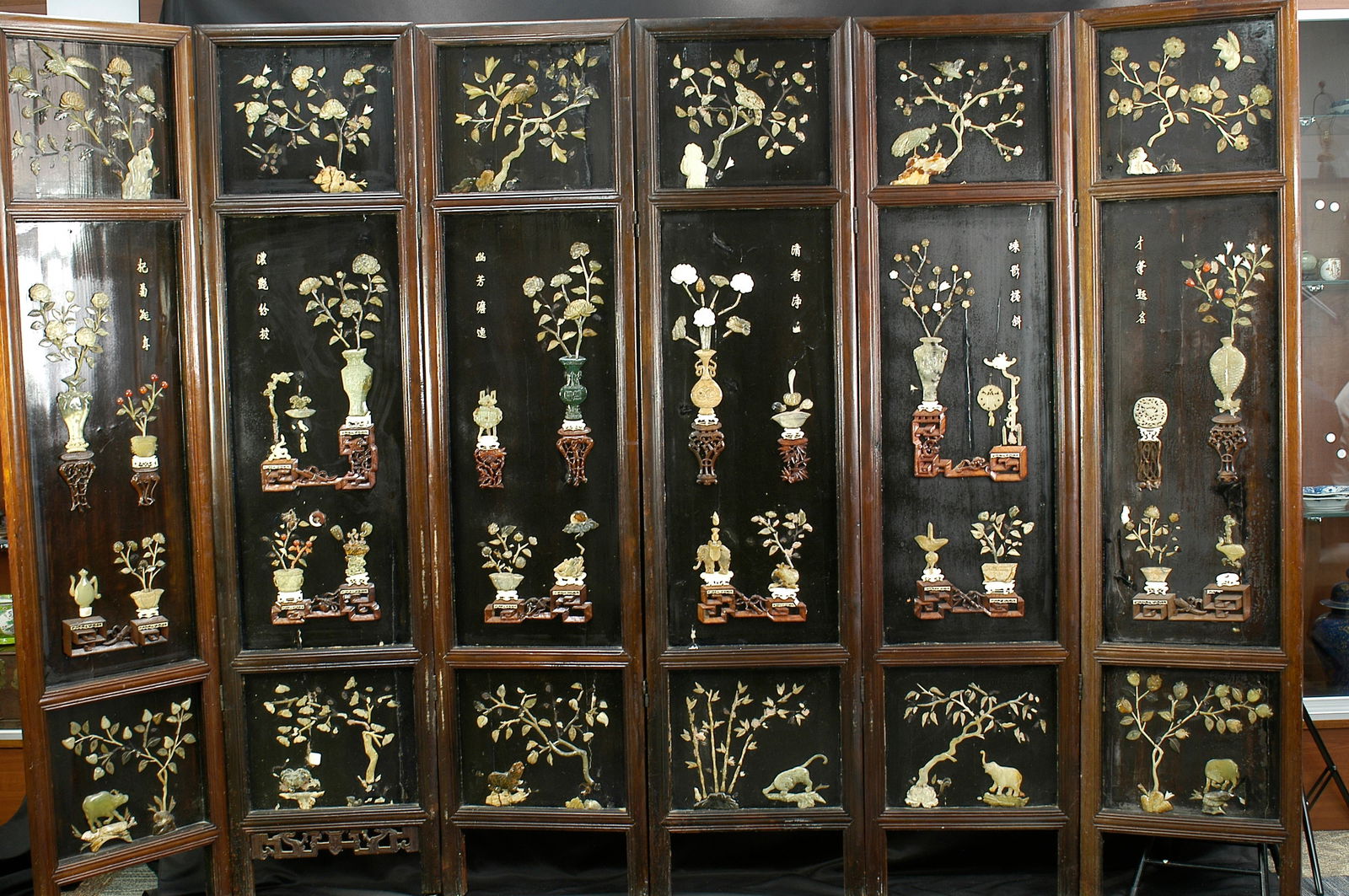 Late Qing to Republic Period Hundred Treasures Inlay Antiquarian Figures Six-Panel Screen with: H181.5cm W43cm. Late Qing to Republic Period 'Hundred Treasures' Inlaid Six-Panel Screen with Antiquities and Figures (hardwood frame). Dating: Late Qing to early Republic period (late 19th - early 20