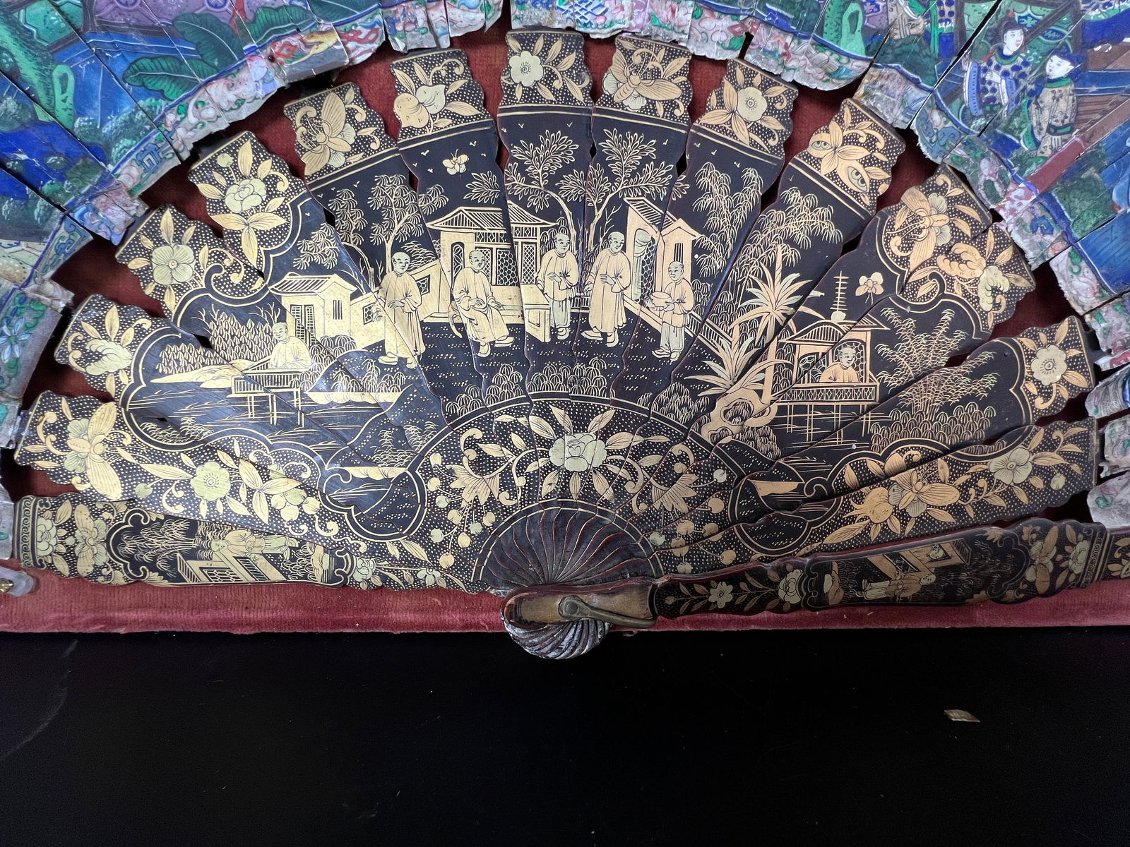 Late Qing Black Lacquer Gilded Painted Double-Sided Courtyard Figures Export Folding Fan with: H27cm W52cm. Object: Late Qing Dynasty Black Lacquer and Gilt Painted Export Folding Fan with Courtyard Figure Scenes on Both Sides, with European Display Frame. Dating: Authentic late Qing Dynasty (1