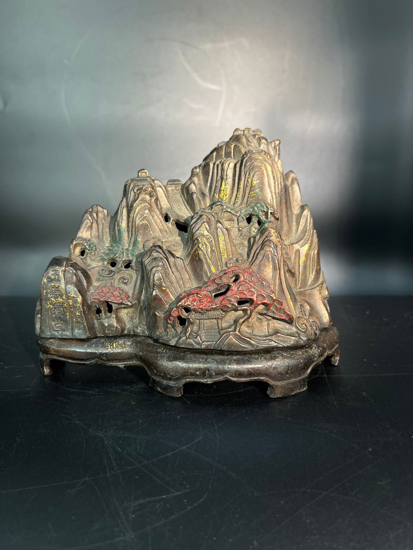 Republic Period Bronze Landscape Pavilion Partially Gilt with Bronze Seat Ornament: H14cm W16cm. Gilt-Bronze 'Five Sacred Peaks' Mountain-Form Incense Burner. Material: Gilt bronze with mineral pigments in red and green, with original bronze base. Dating: Mid to late Qing Dynasty