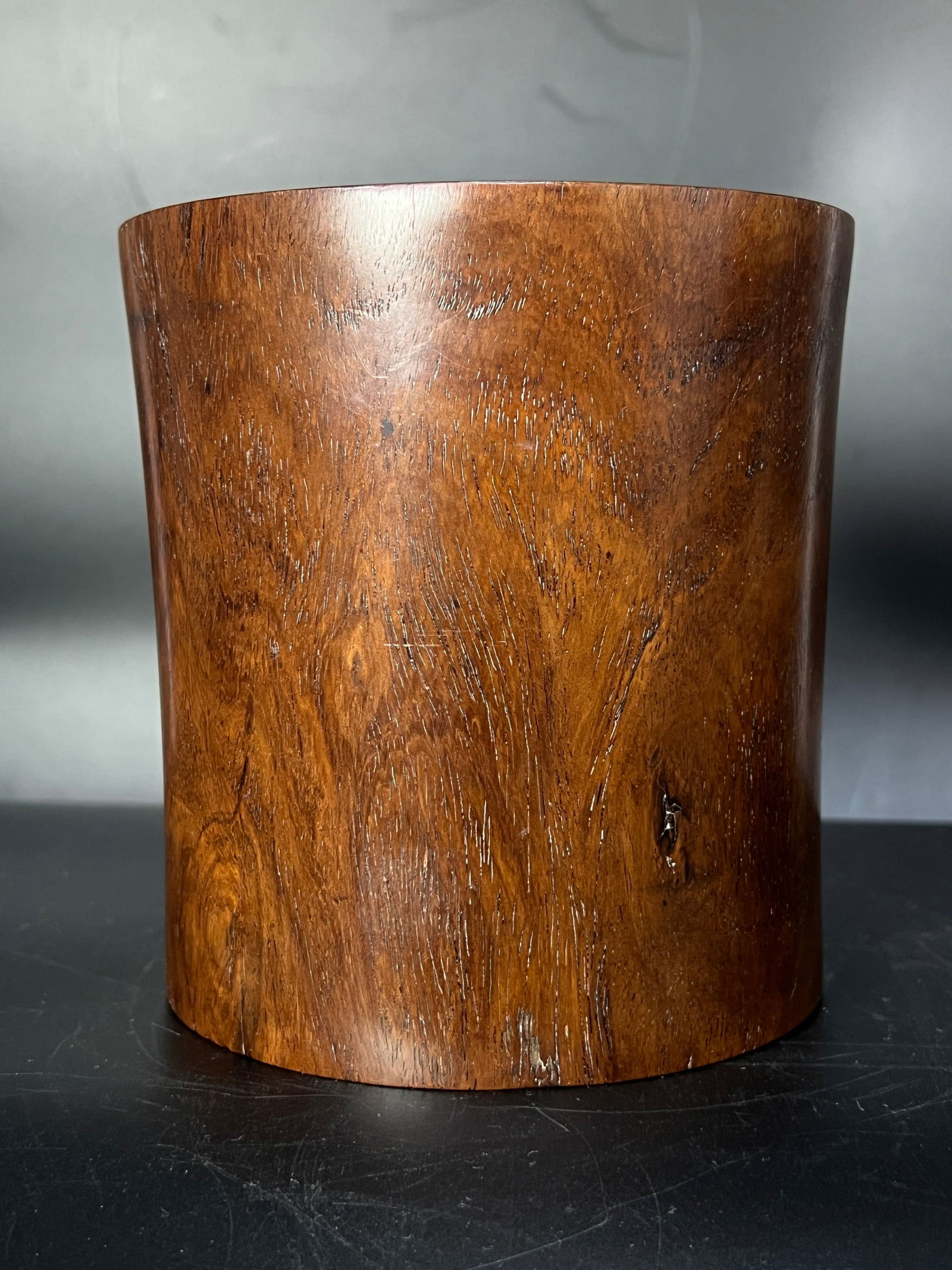 Qing Dynasty Huanghuali Brush Pot: H:13cm W:12.3cm Huanghuali Plain Brush Pot. Made of huanghuali wood using single-block carving technique. Mid to late Ming Dynasty to early Qing Dynasty (approximately 16th-18th century). Market