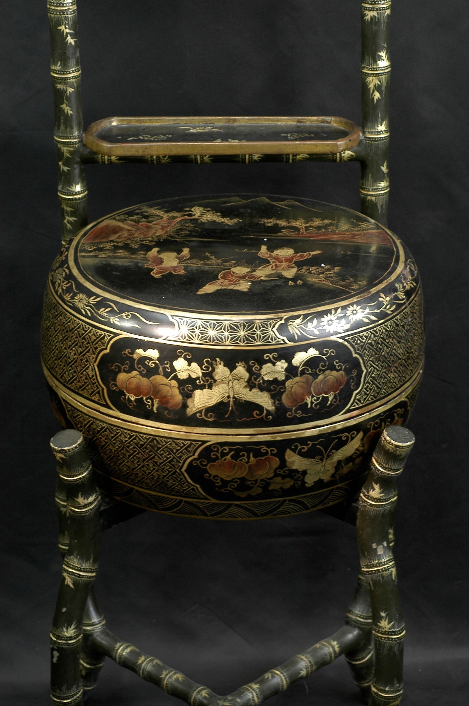 Late Qing to Republic Period Black Lacquer Gilded Bamboo-Form Washstand with Drum Stool: H155.5cm W55cm Late Qing to Republican Period Black Lacquer Gilt Bamboo-Form Washstand with Drum Stool. Period: Late Qing to Republican period (circa late 19th to early 20th century), fine lacquerware