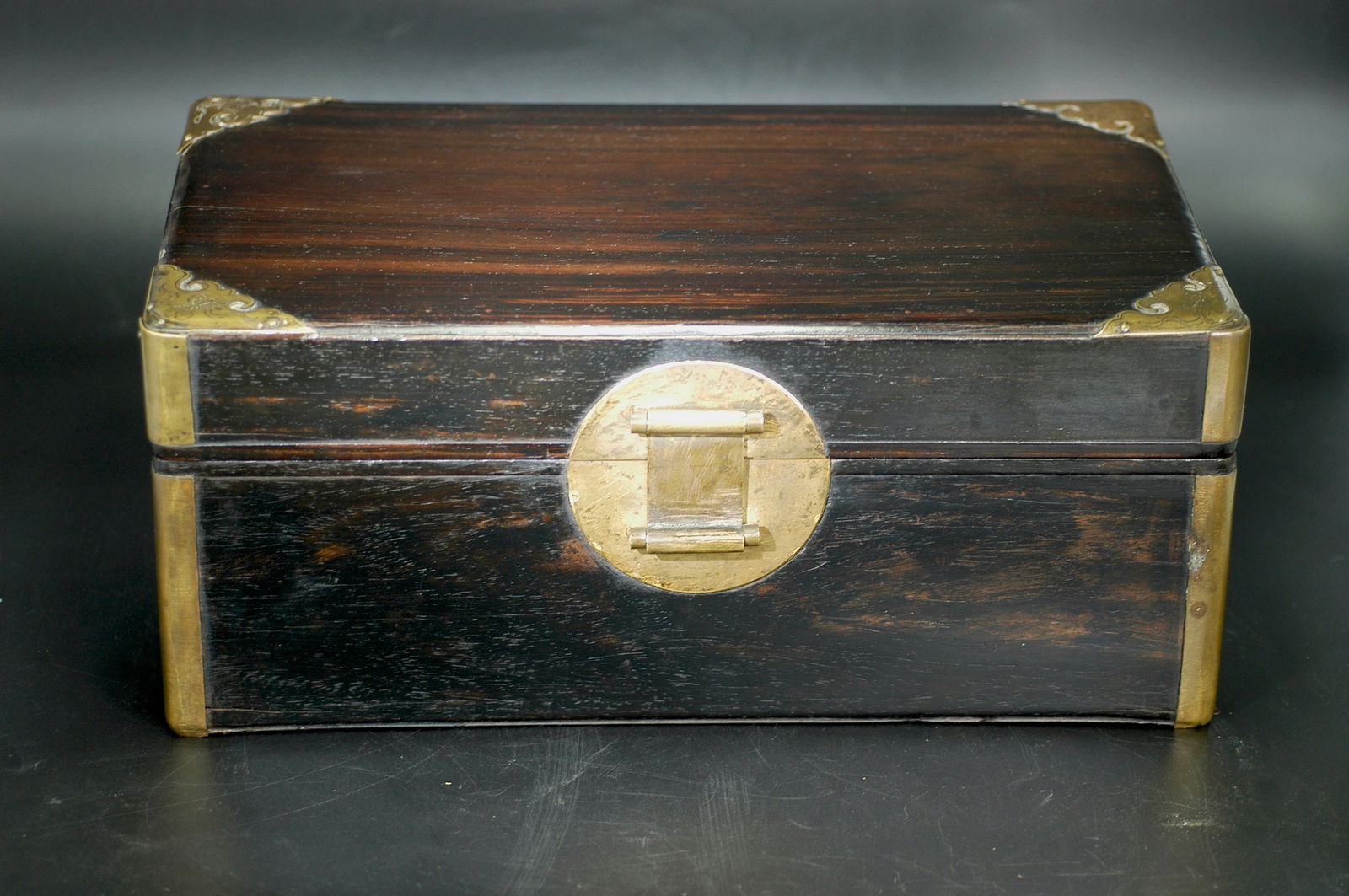 Qing Dynasty Zitan Wood Bronze-Bound Hat Box: H:15.6cm W:37cm Mid to late Qing old hongmu scholar's document box with brass corner mounts. Period: Mid to late Qing (late 18th-19th century, Qianlong to Guangxu periods). Material: Primary body of o