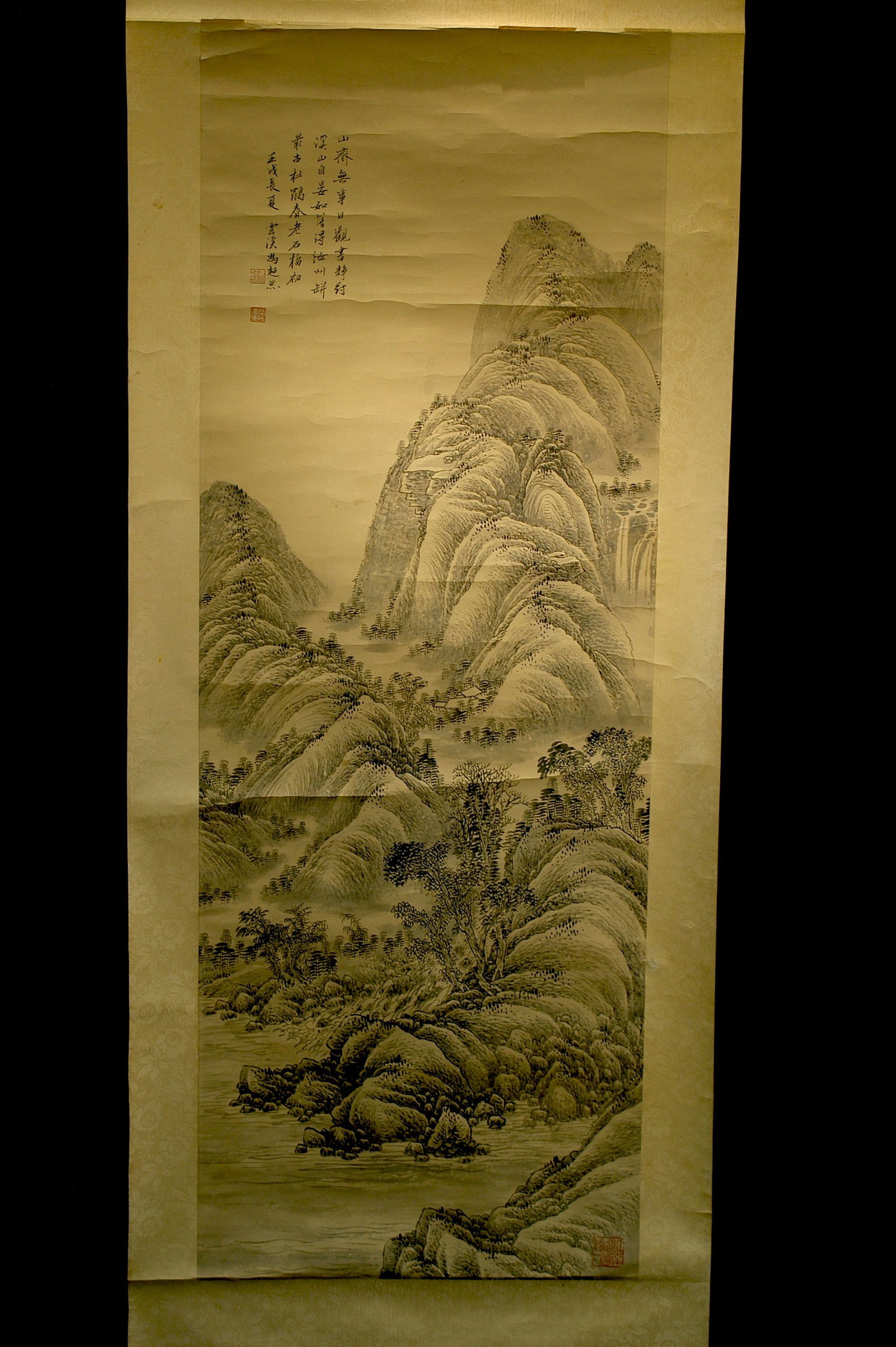 Feng Chaoran 'Endless Mountains and Rivers' Landscape Hanging Scroll: Period: Republic era Renxu year (1922). Artist: Feng Chaoran (Yunxi). Subject: Ink landscape, following the 'Four Wangs' style, layered peaks and endless streams and mountains. Material: Ink on paper