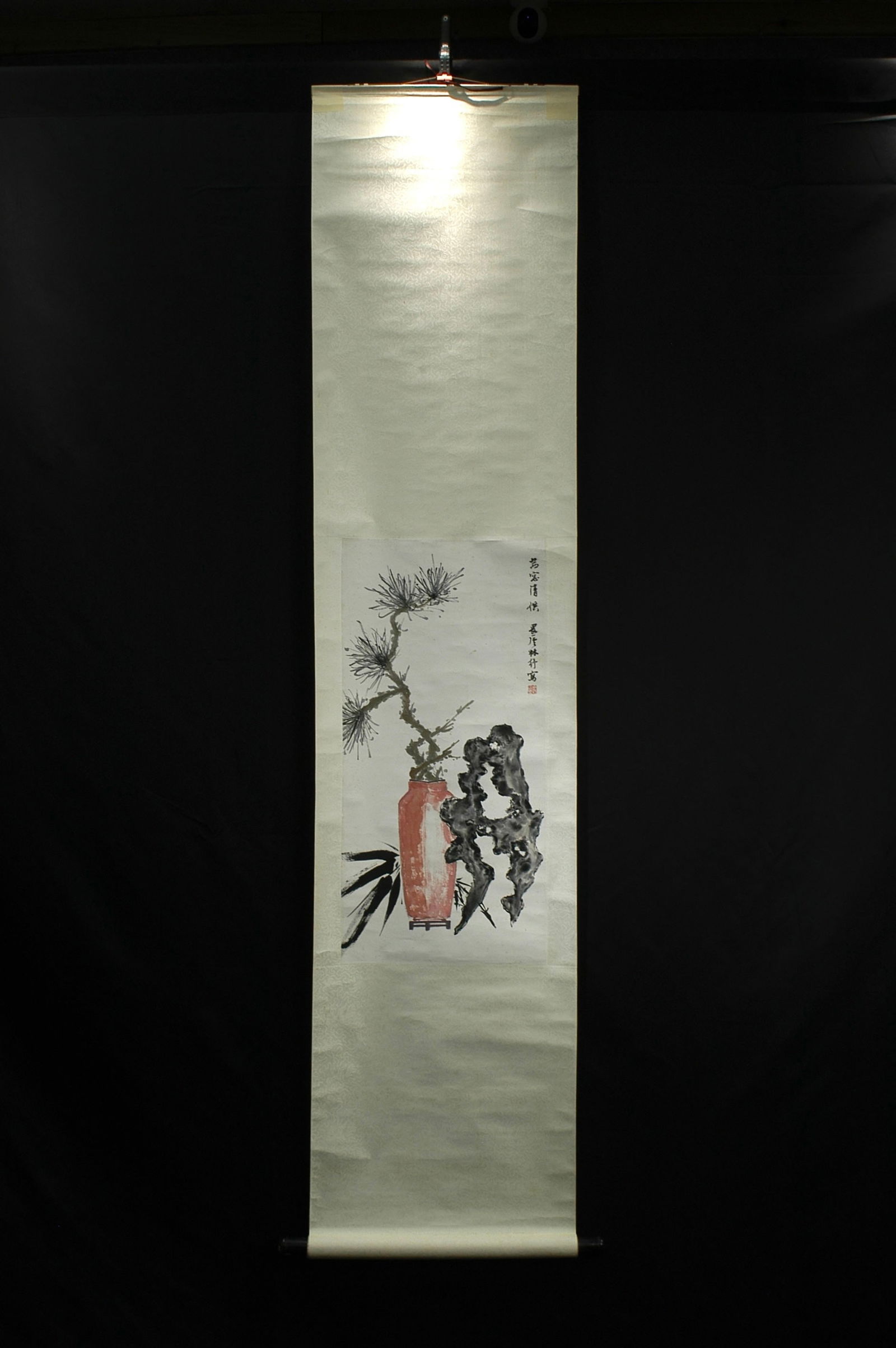Lin Shu Style Hanging Scroll (Ink Painting Scholar's Rock and Flowers): H:67cm W:33cm Lin Shu 'Cold Season Pure Offerings' Vertical Scroll. Title: Lin Shu Inscribed 'Cold Season Pure Offerings' Vertical Scroll. Period: Republic of China (1910–1924). Subject: Pine,