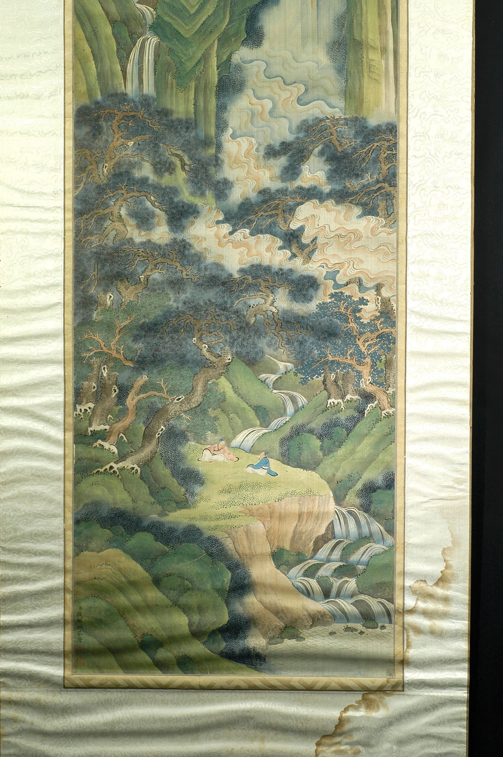 Qing Dynasty Silk Painting Landscape Figures Hanging Mirror Frame: H:128CM W:39.5CM. Qian Weicheng Blue and Green Landscape Vertical Scroll. Author: Qian Weicheng (Qing Dynasty, top scholar painter, leader of the court painting style during the Qianlong reign). Date:
