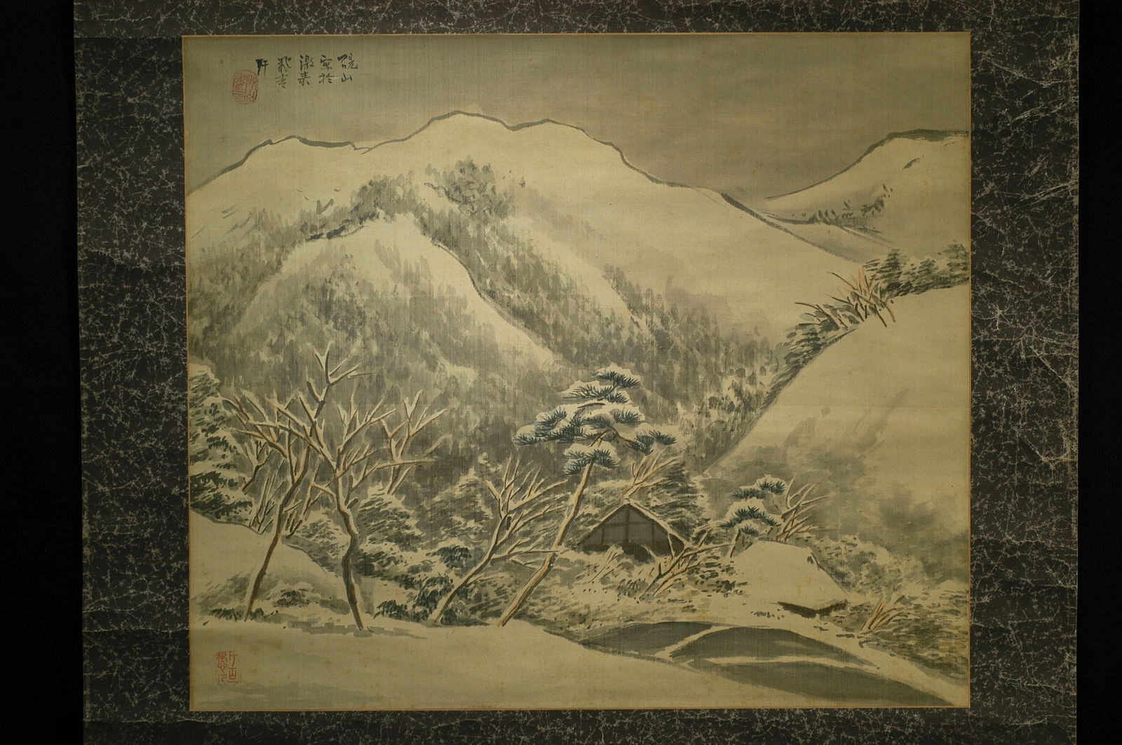 Japanese 'Yanshan Snow Scene' Landscape Hanging Scroll: Japanese 'Snow Scene at Inkstone Mountain' Landscape Hanging Scroll. Period: Japanese Edo-Meiji period. Subject: Snow landscape scene (Snow Scene at Inkstone Mountain), colored on silk, depicting snow