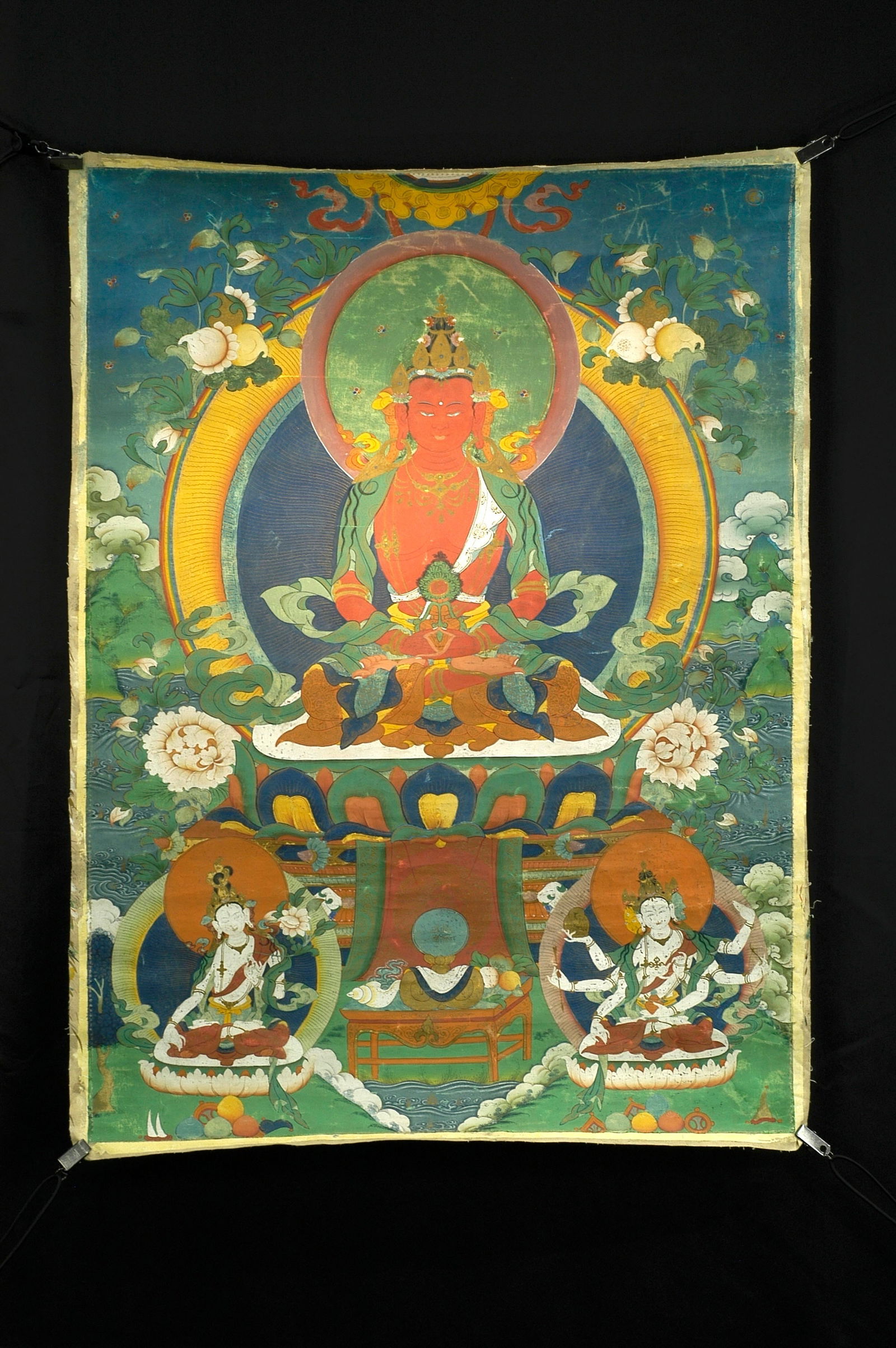 Republic Period or Later Thangka (Buddhist Figure Colored Painting): H:72cm W:53cm Qing Dynasty Amitayus Buddha Longevity Three Deities Thangka. Subject: Three Longevity Deities (Main deity: Amitayus Buddha, Attendants: White Tara and Usnisa Vajra Mother). Period: Late