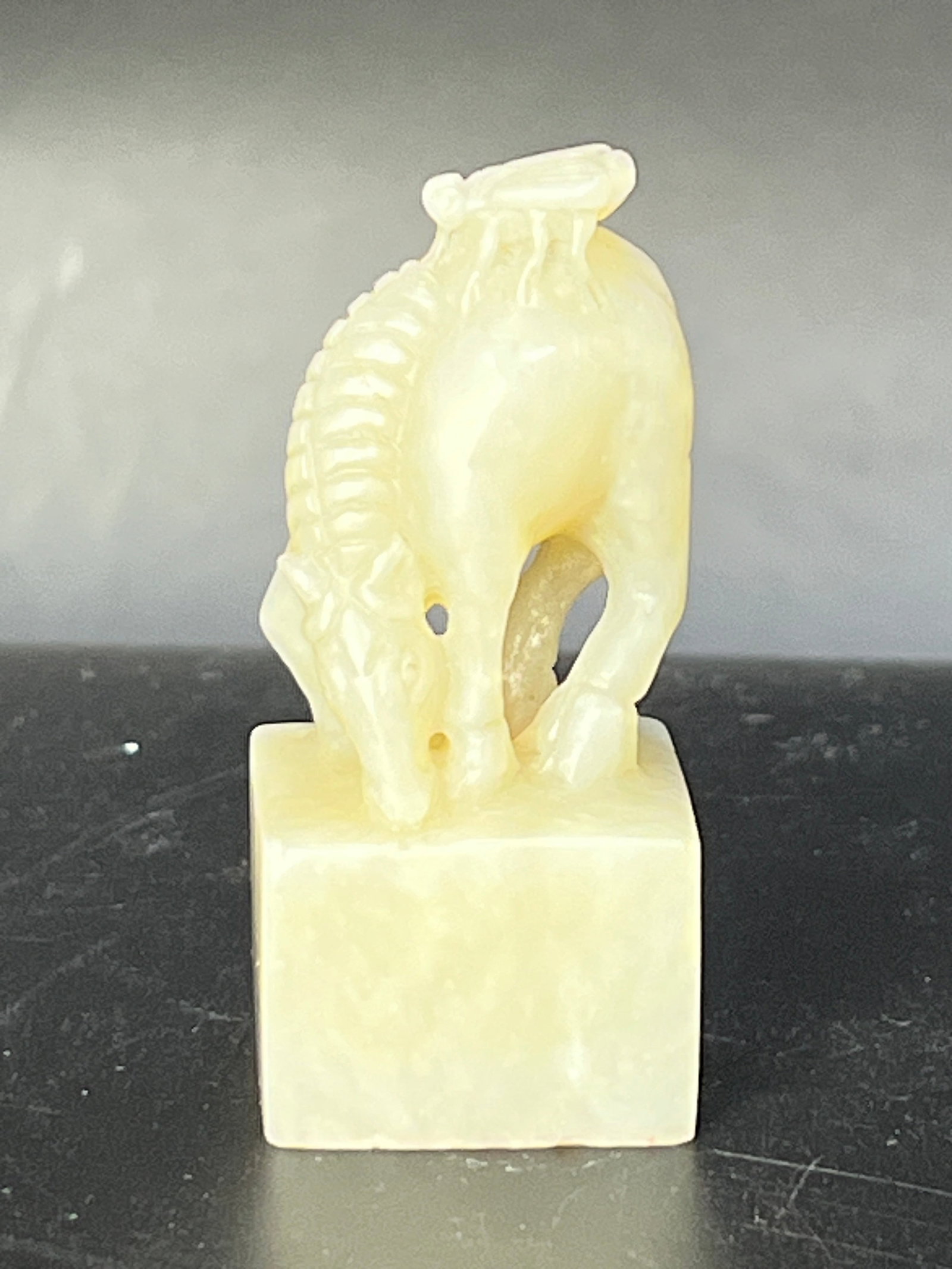 Shoushan Stone Seal with 'Horse Fly' Four-Character Inscription (White Hibiscus Stone): H:5.9cm W:2.8cm Hetian celadon white jade 'Immediate Victory' seal with horse and fly finial. Made from Hetian celadon white jade with round carved seal knob. Mid to Late Qing Dynasty to Republic of C