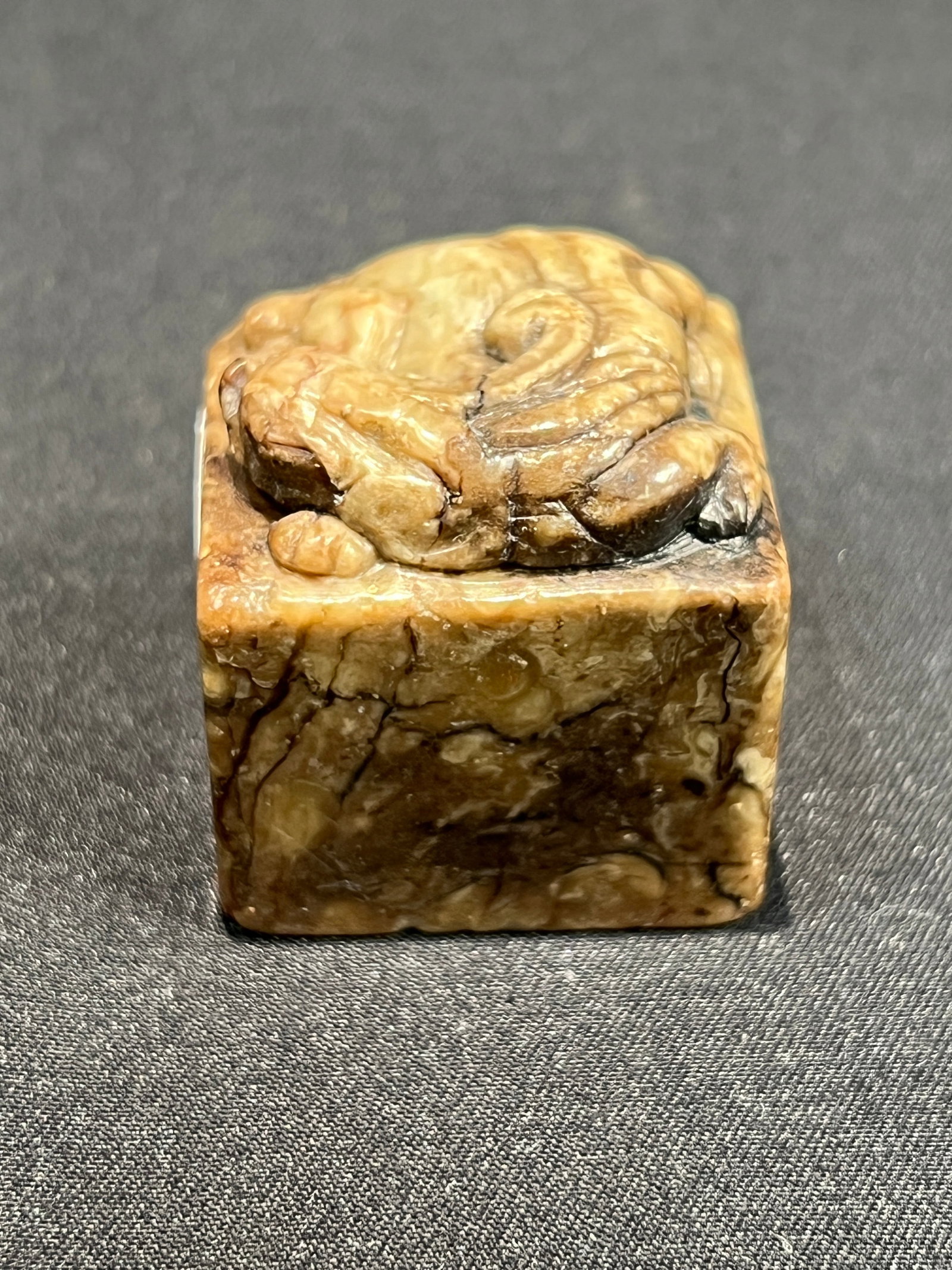 Shoushan Stone Dragon-Knop Square Seal: H:2.8cm W:2.8cm Qing Dynasty/Republic Period Shoushan Stone (Qingtian Stone) Square Seal with Chi Dragon Finial. Material: Shoushan stone (or Qingtian stone), cream-yellow with black veining, warm tex