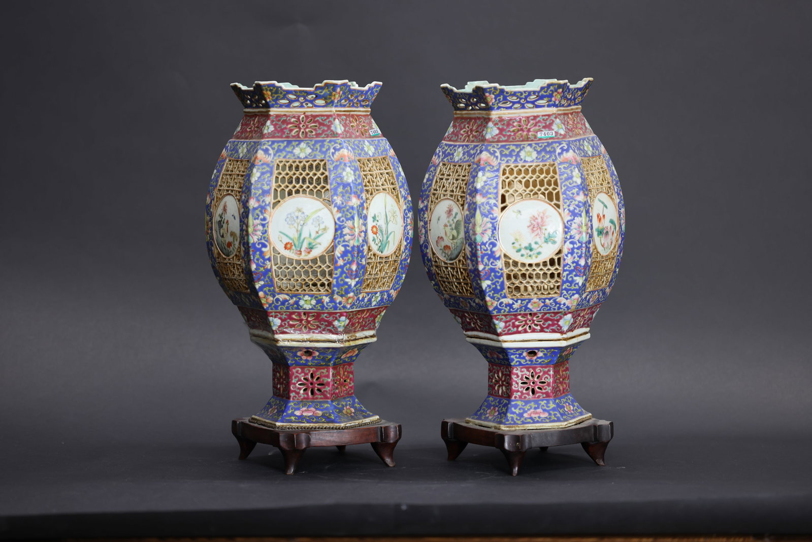 A Pair of Famille-Rose Openwork Hexagonal 'Lantern' Vases, Late Qing Dynasty (1 of 10)