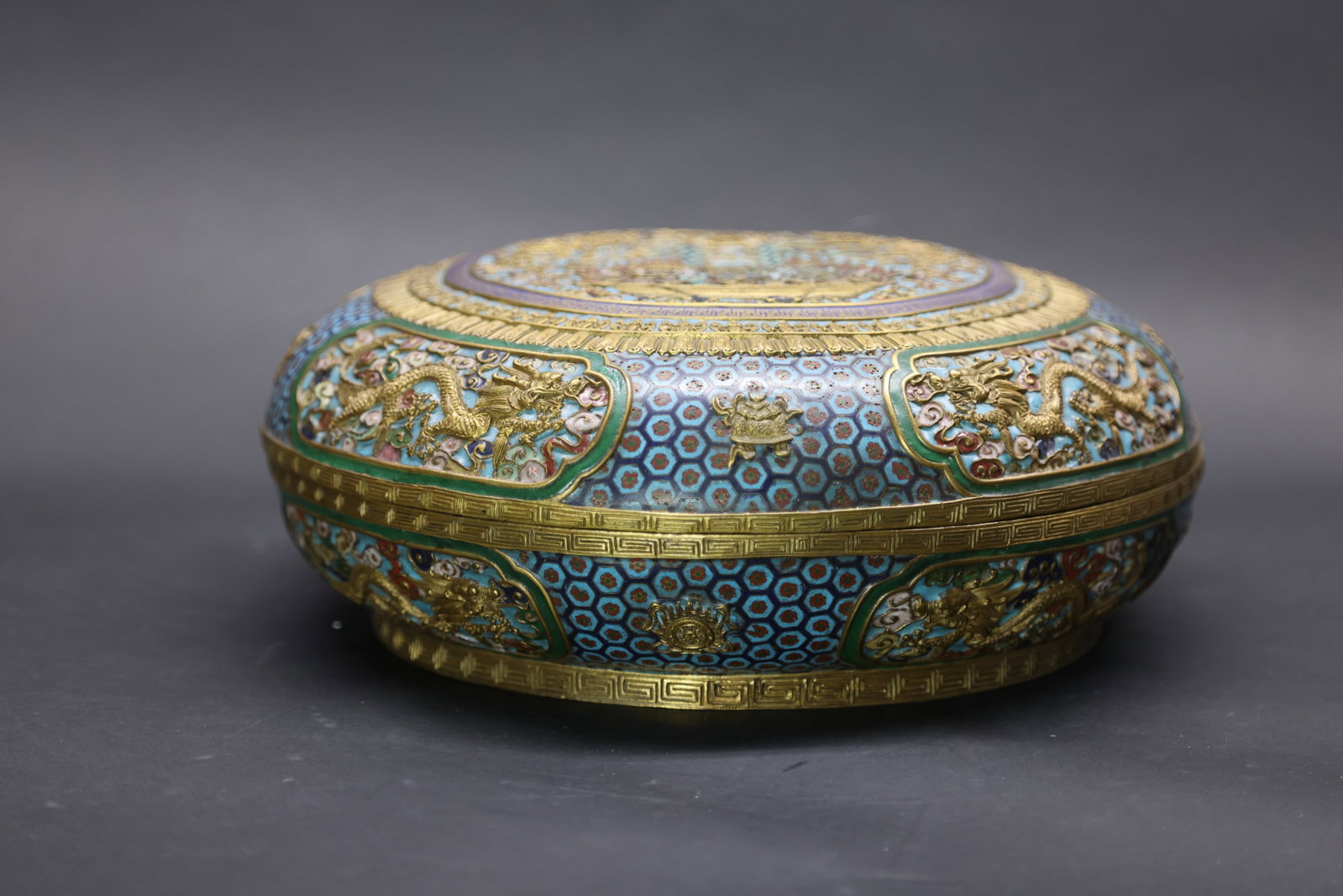 A Monumental Cloisonné Enamel and Gilt-Bronze 'Dragon' Box and Cover, Qianlong Period (1 of 13)
