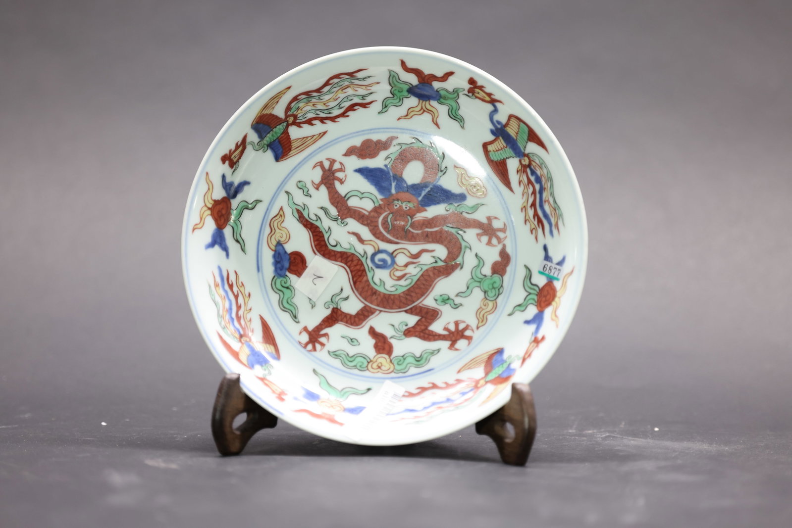 A 'Wanli'-Style 'Wucai' 'Dragon and Phoenix' Dish, Qing Dynasty (1 of 6)