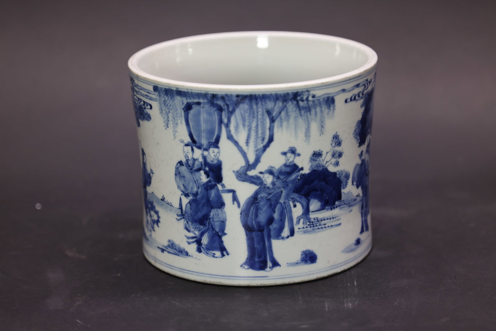A Rare Large Blue and White 'Landscape and Figures' Brush Pot, Qing Dynasty, Kangxi Period (1 of 6)