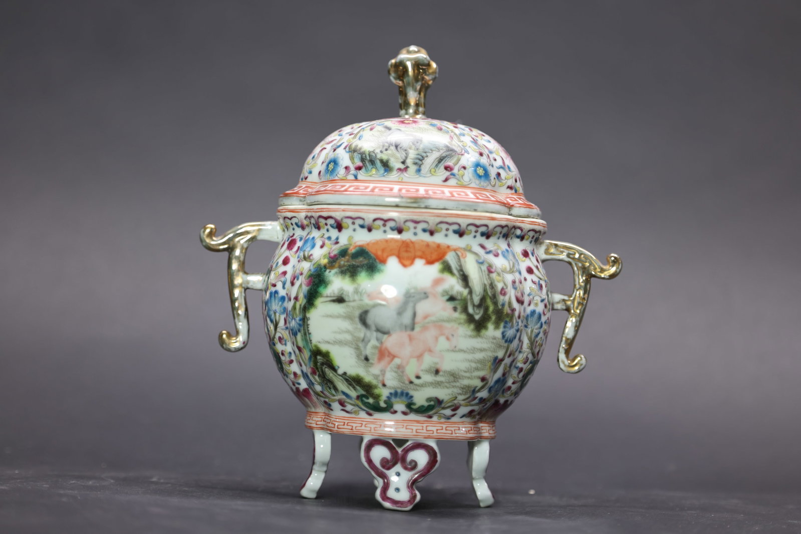 A 'Kangxi'-Style 'Famille-Rose' 'Horses' Tripod Censer and Cover, Modern: Dimensions: 9 × 8 in.