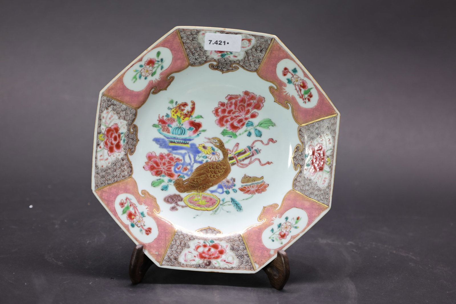 A 'Famille-Rose' and Gilt 'Birds and Flowers' Octagonal Dish, Qing Dynasty, Jiaqing Period: Estimated Date: Jiaqing Period, Qing Dynasty. A Canton famille rose export octagonal porcelain dish.Attribution: The dish is potted in an elegant octagonal form with a canted rim, characteristic of Ca
