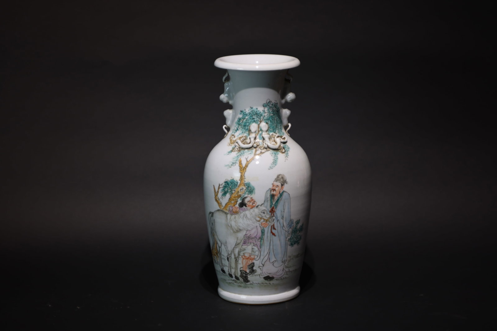 A Large 'Qianjiang'-Enamelled 'Bo Le Appraising Horses' Chilong-Handled Vase, By Wang Youtang, Late: Estimated Date: Guangxu Period, Late Qing Dynasty. A famille rose Qianjiang cai porcelain vase by Wang Youtang.Attribution: The vase is finely potted in white porcelain and decorated in the refined Qi