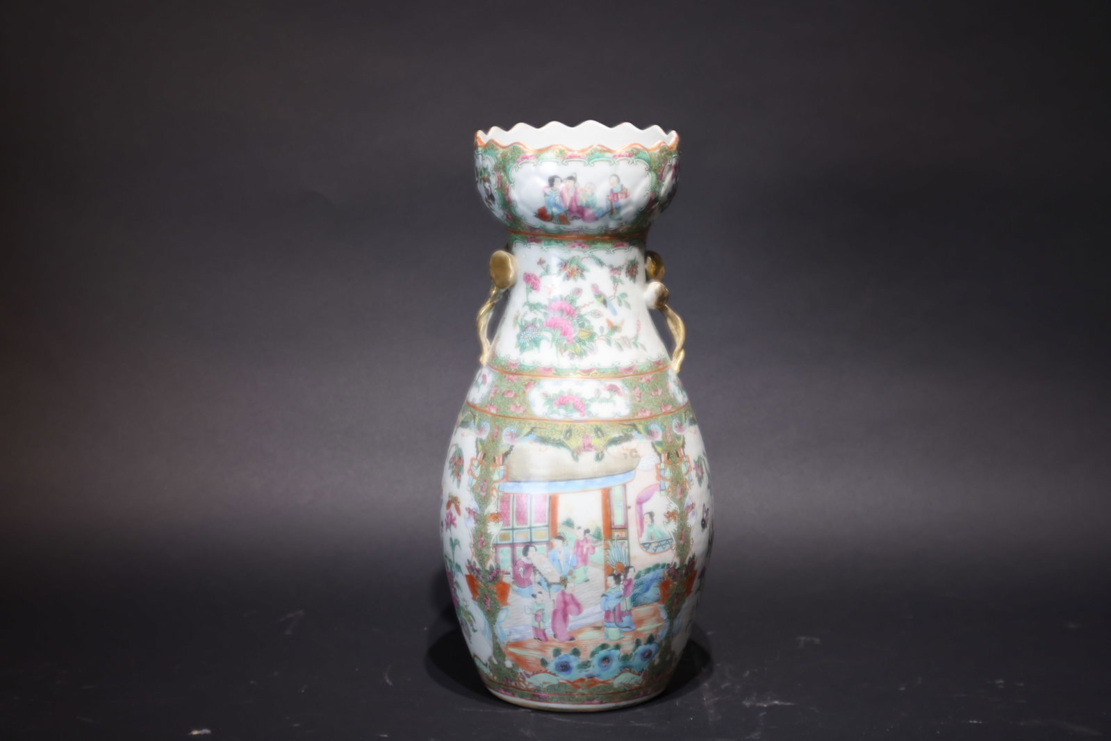 A Fine Large 'Canton Famille-Rose' 'Figures and Flowers' Lobed Vase, Late Qing Dynasty: Estimated Date: Late Qing Dynasty. A Canton famille rose export porcelain vase, later converted into a table lamp.Attribution: The vase is of elegant garlic-mouth form with a lobed rim and is fitted w