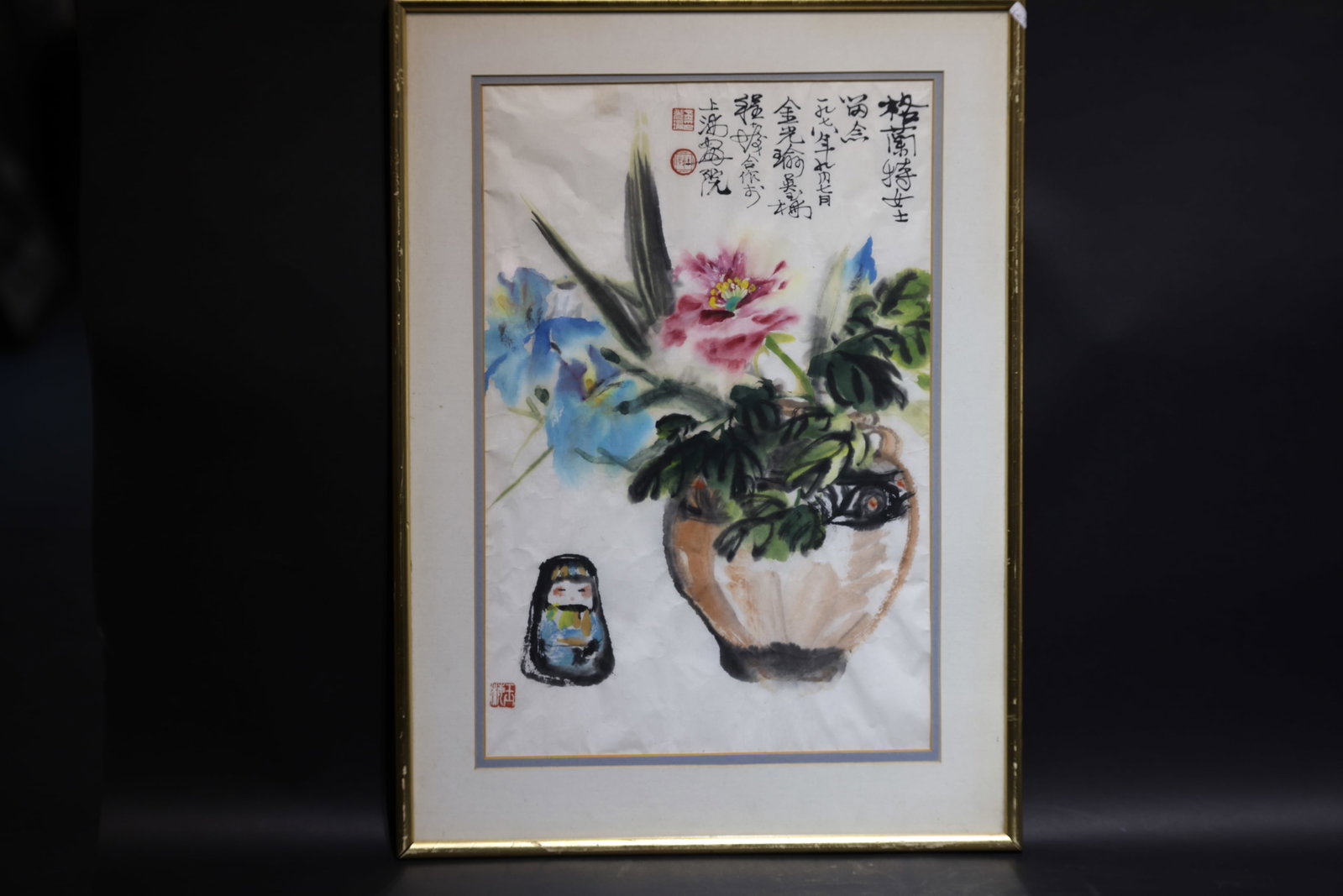 A Finely Hand-Painted Ink and Color 'Flowers and Antiques' Scroll, Jointly Executed by Jin Guangyu: Estimated Date: Dated 1978. A Shanghai School collaborative bird-and-flower painting in ink and color on paper by Jin Guangyu and Wang Xi.Attribution: Executed in ink and color on paper, this lively c
