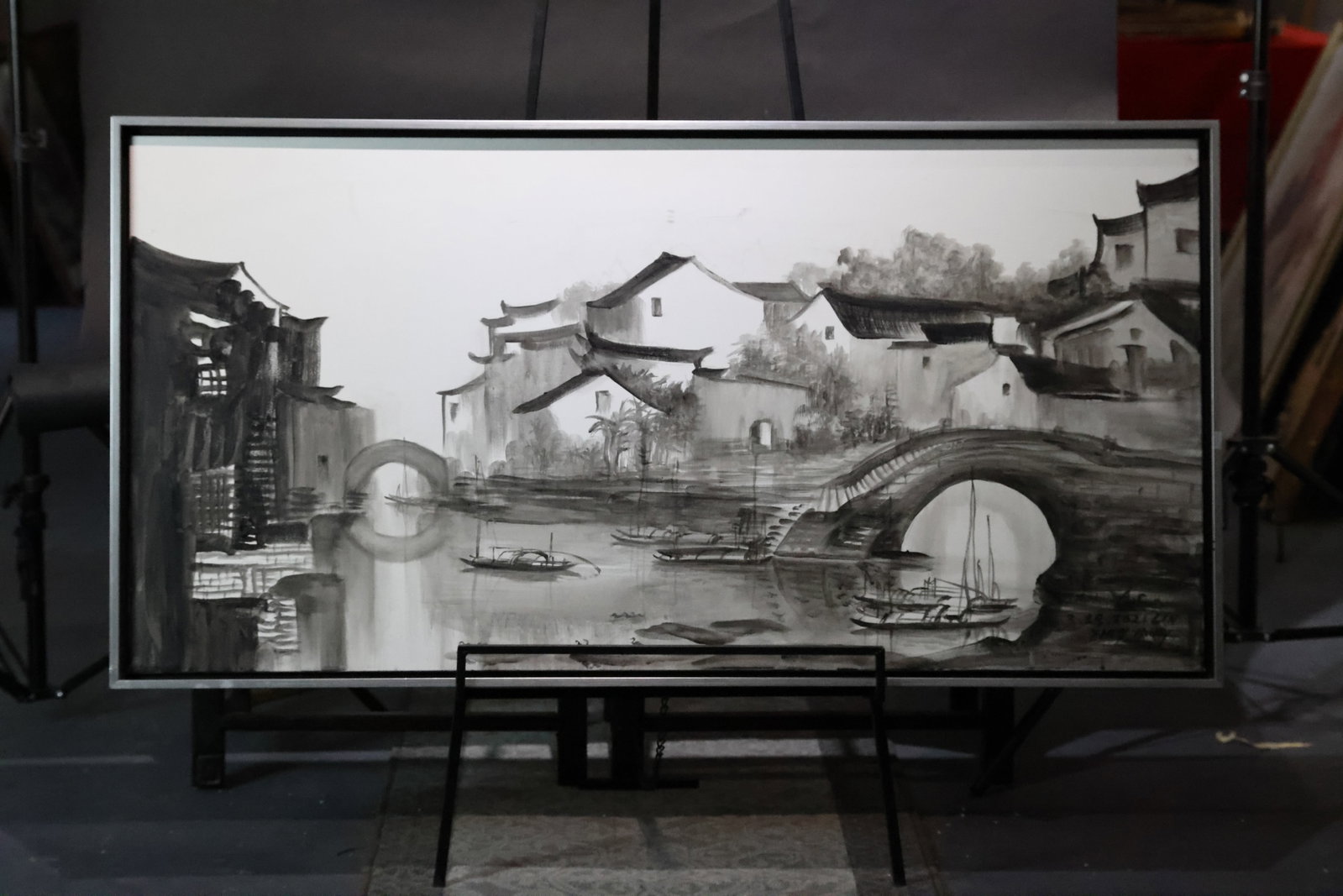 A 'Jiangnan Water Town' Oil on Canvas, Contemporary School: Estimated Date: 2021. A contemporary original landscape oil painting on linen canvas, inspired by the poetic atmosphere of traditional Chinese ink landscapes.Attribution: Executed in oil on linen canv