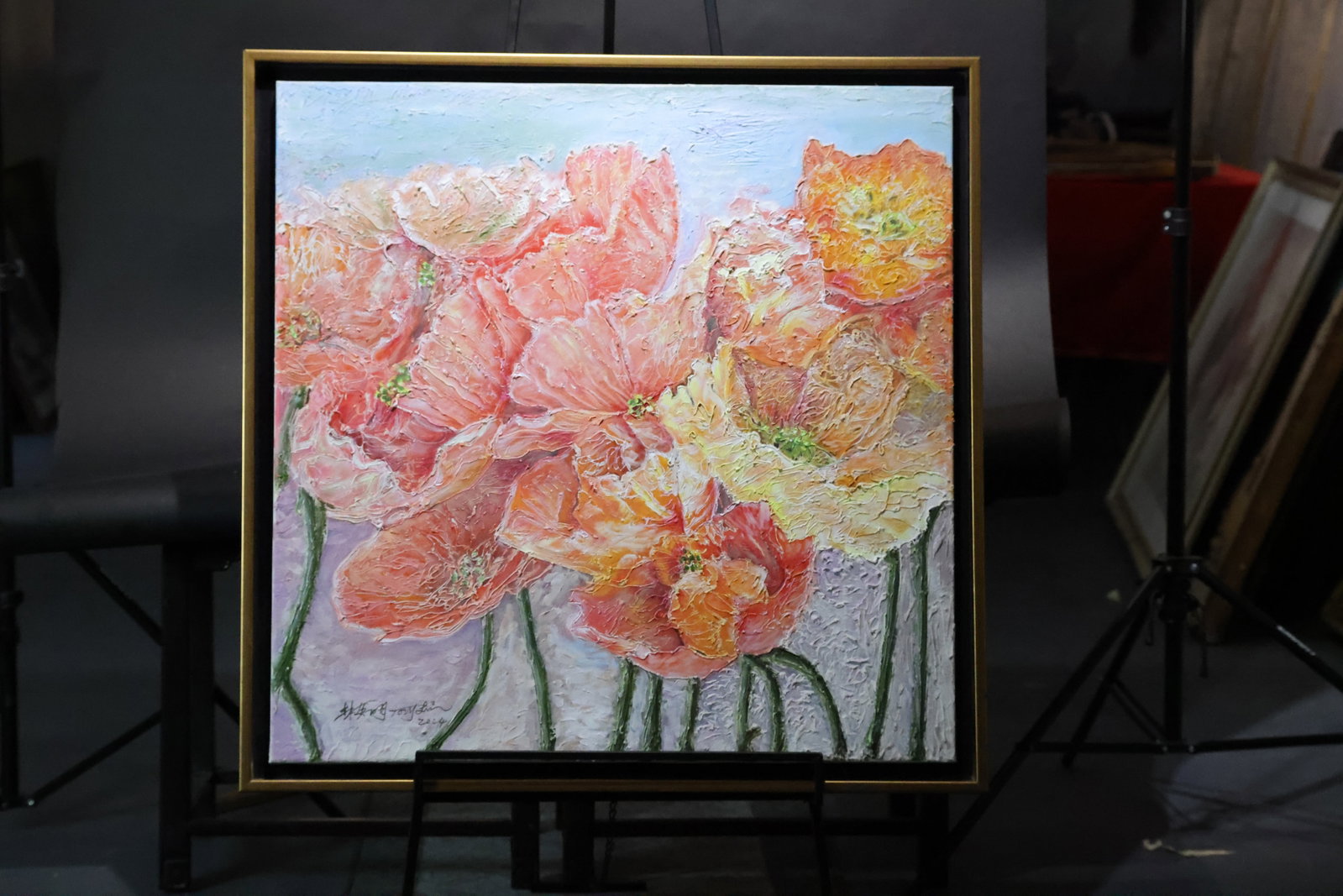 Lin Yingming (B. 1970), Poppies, Oil on Canvas: Estimated Date: 2024. A contemporary original floral oil painting on linen canvas, depicting blooming poppies in an expressive impasto style.Attribution: Executed in oil on linen canvas, this