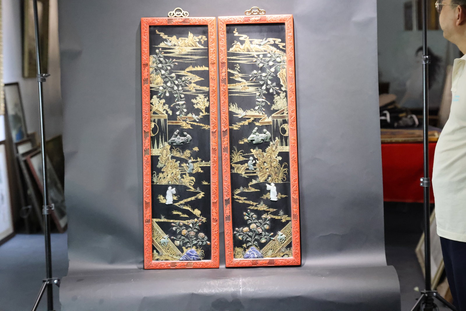 A Rare Pair of Red Lacquer-Framed and Black Lacquer-Grounded 'Hundred Treasures'-Inlaid 'Landscape (1 of 8)