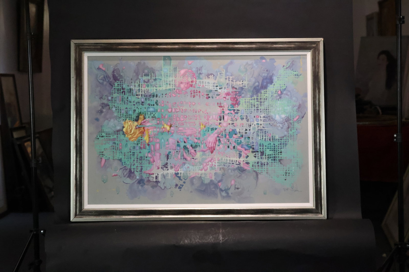 Zeng Hao (B. 1963), Abstract Figure and Flora with Grid, 2017, Oil on Canvas: Estimated Date: 2017. A contemporary original oil painting on linen canvas, combining abstract and figurative elements in a contemporary mixed visual language.Attribution: Executed in oil on linen