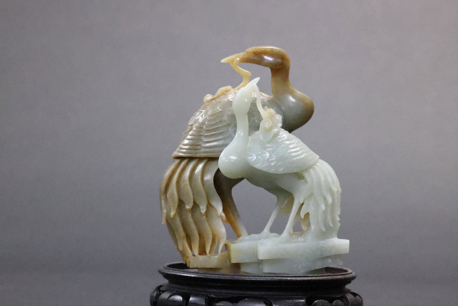 A Qing Dynasty Celadon and White Jade 'Two Cranes and Lingzhi' Openworked Group, Qing Dynasty (1 of 7)