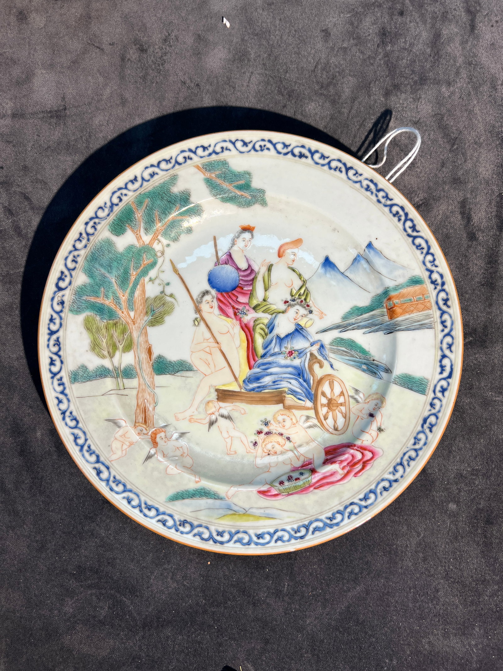Canton Enamel 'Western Mythological Figures' Export Charger: Auction Reference: Authentic Qing Dynasty Canton enamel (Guangcai) chargers depicting Western figures in complete condition generally realize several thousand to over ten thousand RMB at auction,