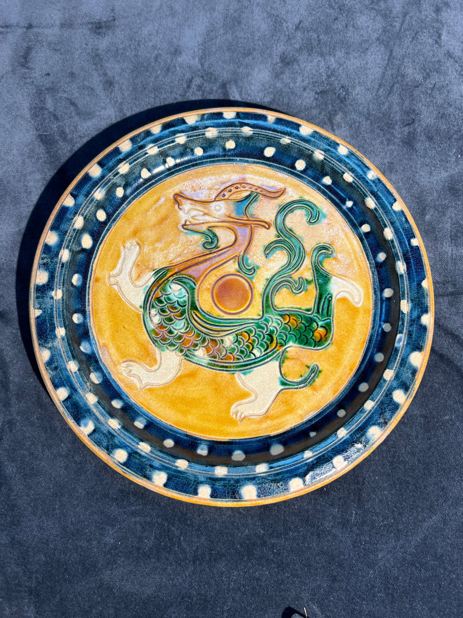 Tang Sancai 'Black Tortoise (Xuanwu)' Incised Charger: Auction Reference: Authentic Tang Dynasty sancai chargers in complete condition have achieved several hundred thousand RMB at auction, with values varying according to rarity, provenance, artistic