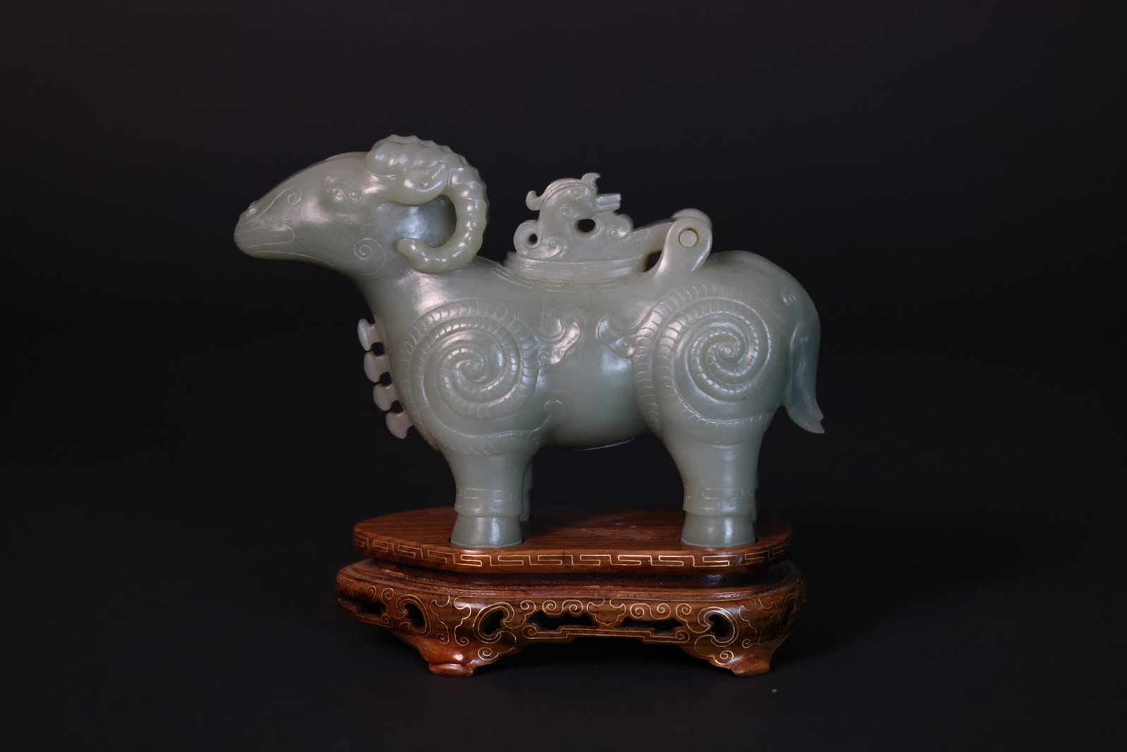 Carved Green Jade Ram-Form Zun Modeled After Bronze, with Wood Stand (1 of 8)