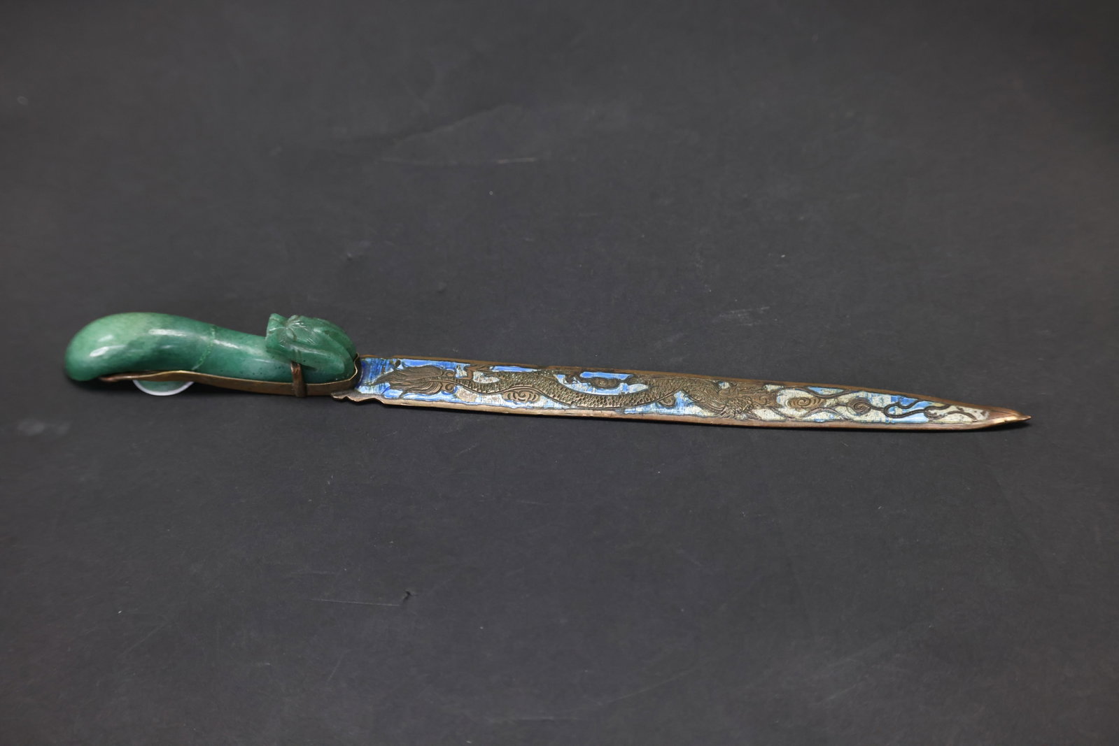 Republican-era Green Jade Dragon-Head Belt Hook with Copper Dragon-Pattern Enamel Letter-Opener: The belt hook has been re-adhered, with natural age and signs of use. H 25.5cm W 1.6cm