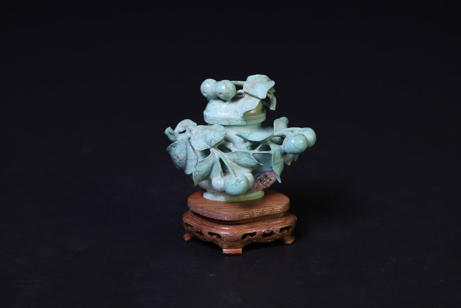 Early PRC (Export) Turquoise Carved Floral & Fruit Lidded Box with Silver-Inlaid Wood Stand: Natural aging, crackle glaze, patina, signs of use, otherwise in overall good condition. H 7.3cm W 9cm