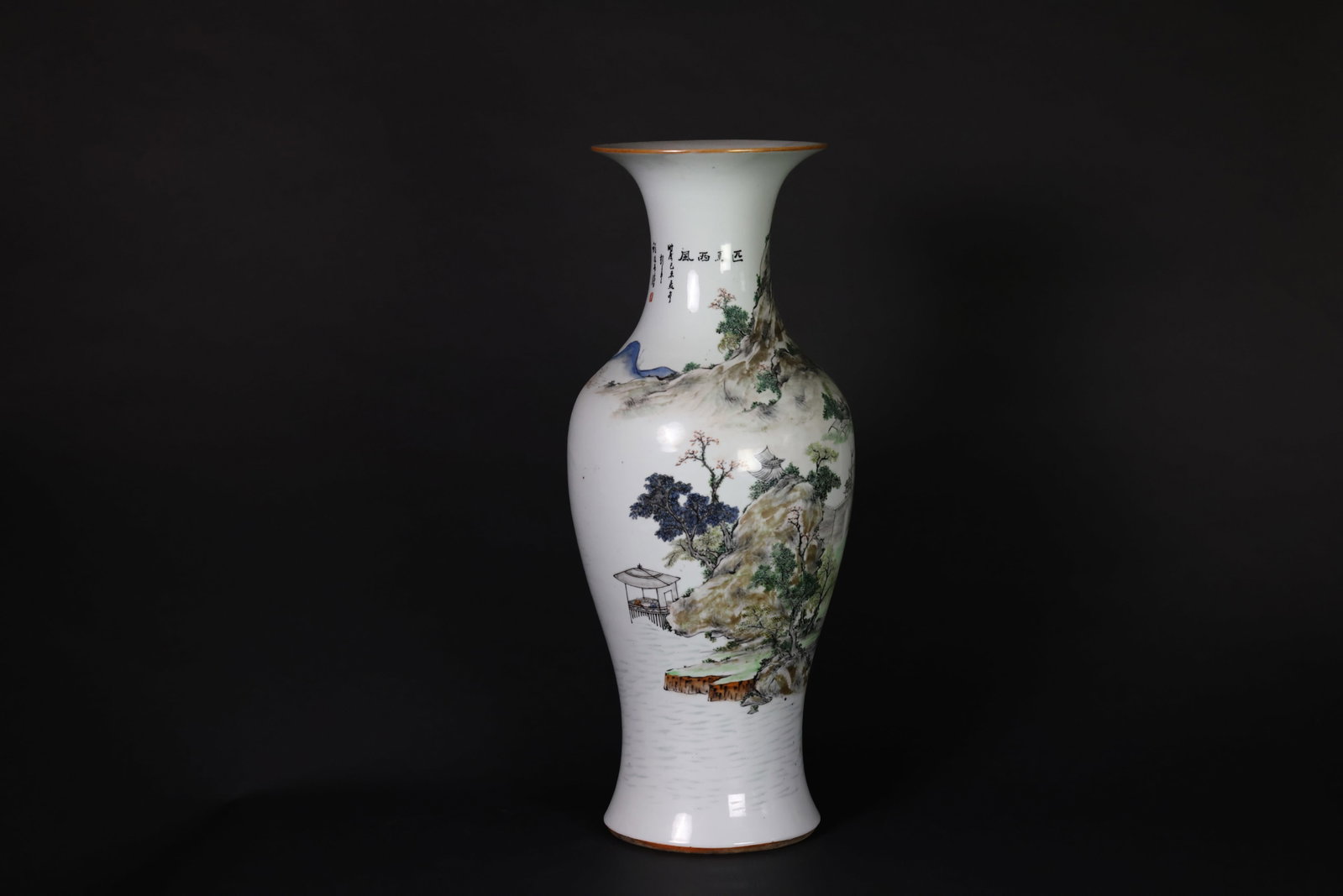 19th-Century Chinese Pale Polychrome Guanyin-Form Vase with Landscape and Figures, Cheng Family: Natural aging, patina, minor color loss, surface wear, signs of use, otherwise in overall good condition. H 57.3cm W 23.5cm