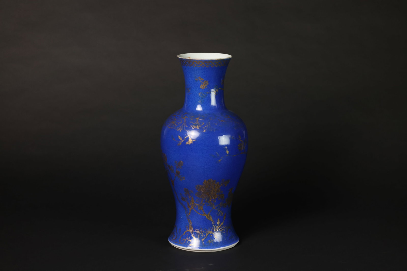 19th Century Chinese Splashed-Blue Glazed and Gilt Floral & Bird Guanyin Bottle (1 of 6)