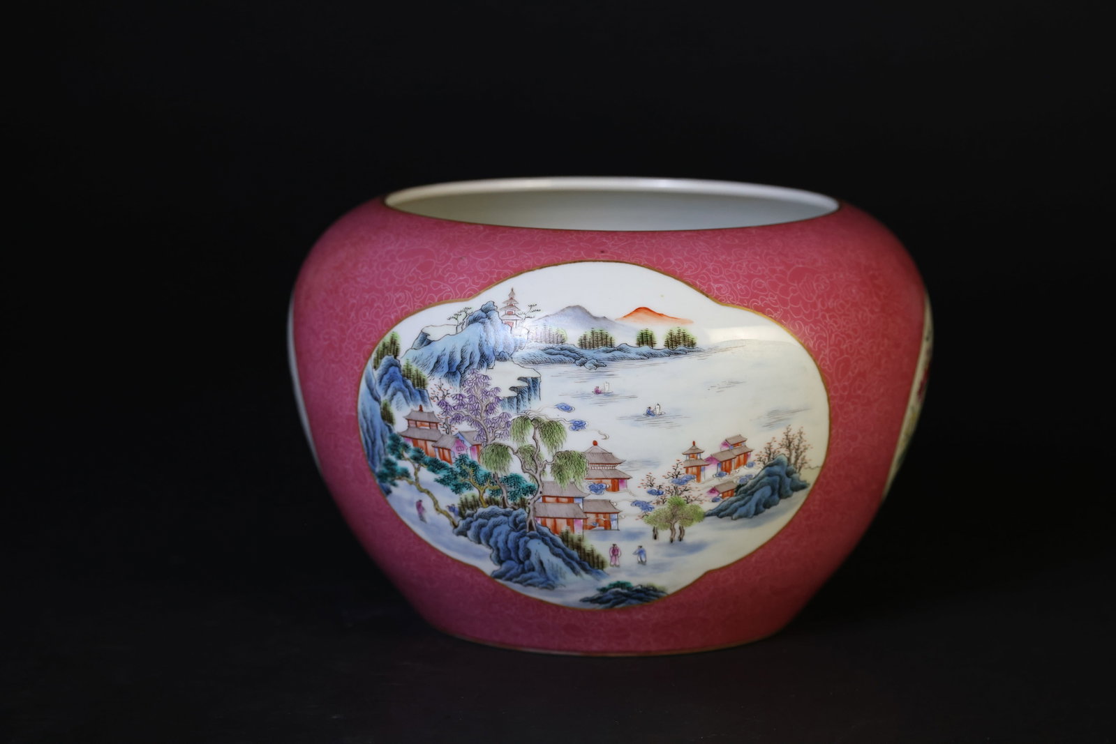 Chinese Famille Rose Jar with Carmine-Red Panelled Landscapes, Figures and Floral-and-Fruit Motifs: Naturally aged with patina and signs of use; otherwise in excellent overall condition. H 17cm W 25cm