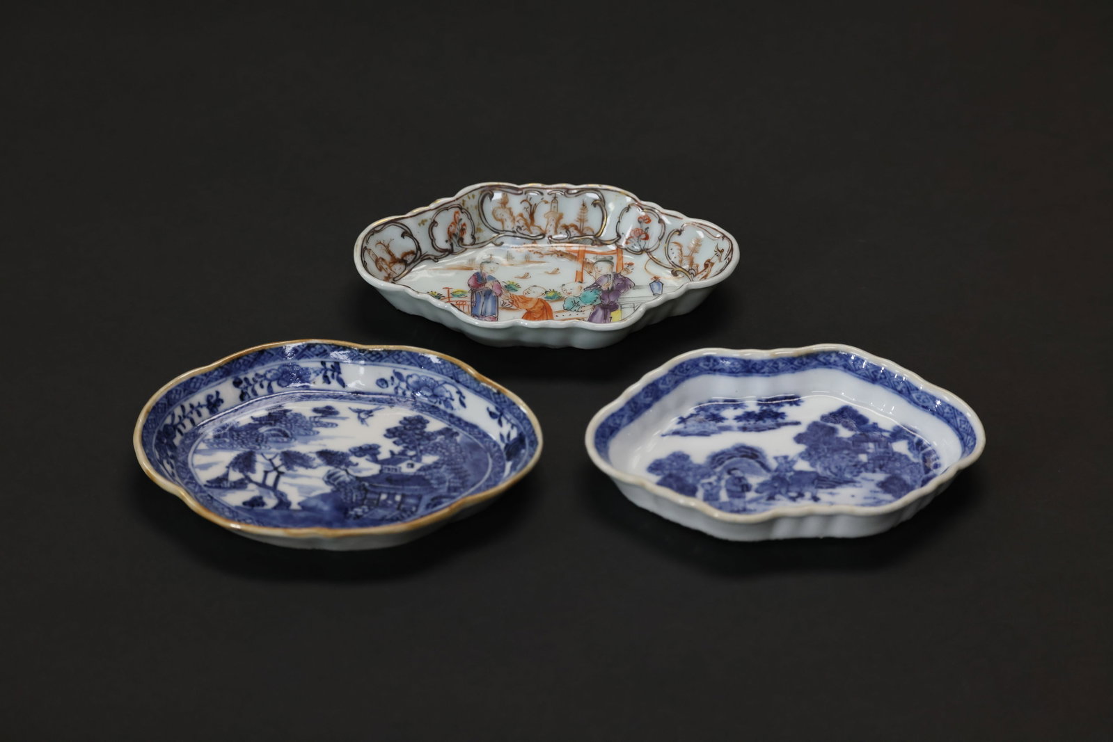 Three Mid-Qing Scalloped Dishes: Famille-Rose Figure; Two Blue & White Landscapes (1 of 8)