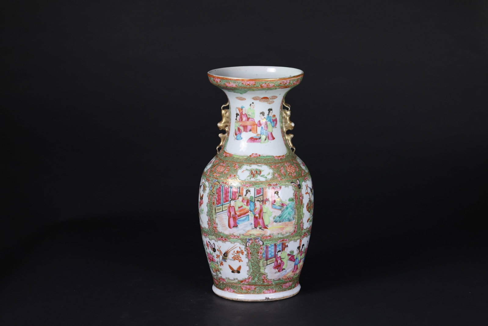 Late Qing Canton Famille Rose Flower-and-Bird Wide-Mouth Vase with Lion-Head Handles: Natural age wear and patina; otherwise in excellent overall condition. H 43cm W 21cm