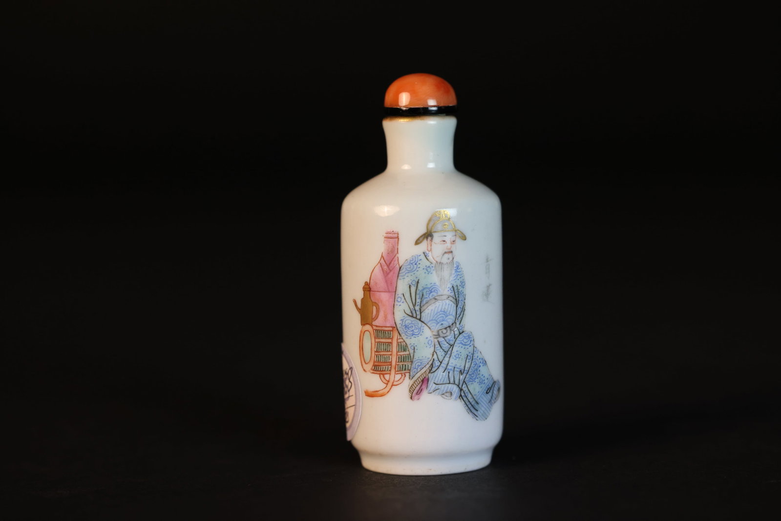 Late Qing Famille Rose Figural Snuff Bottle, Stone-Pattern Ground, Coral Stopper, 'Xianfeng' Mark (1 of 6)