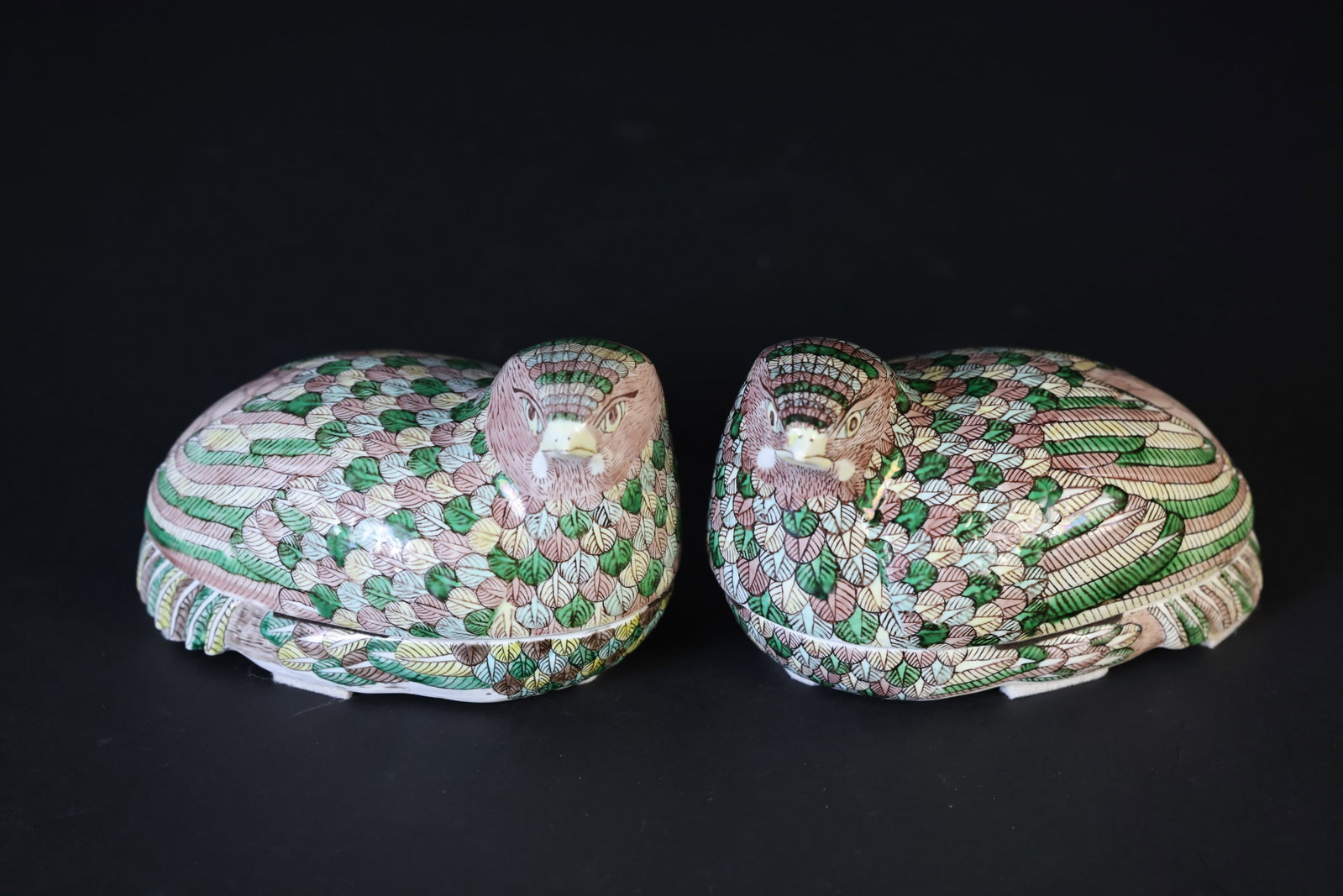 Pair of Republic Period or Later Polychrome Quail-Form Covered Boxes