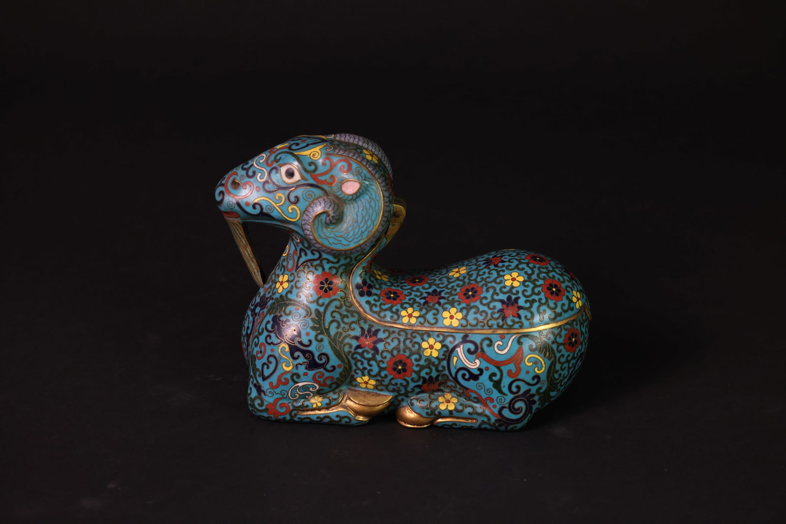 Republic of China Cloisonné on Copper Sheep-Form Covered Box: Natural age-related wear, otherwise in overall excellent condition. H 16cm W 20cm