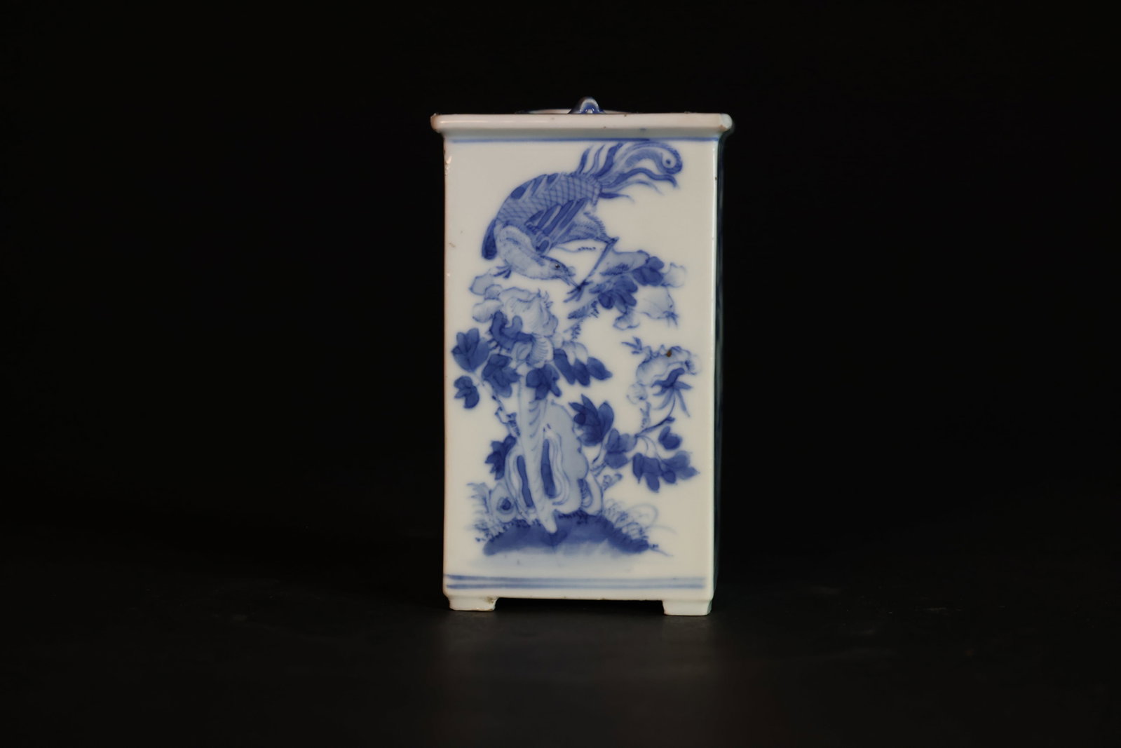 Republican Period Blue-and-White Square Water Dropper with Rockwork, Floral-and-Bird Motifs, Cover: Naturally aged patina with a small old chip (0.3 x 0.3 cm) to one corner; otherwise in excellent condition. H 13cm. W 7.8cm