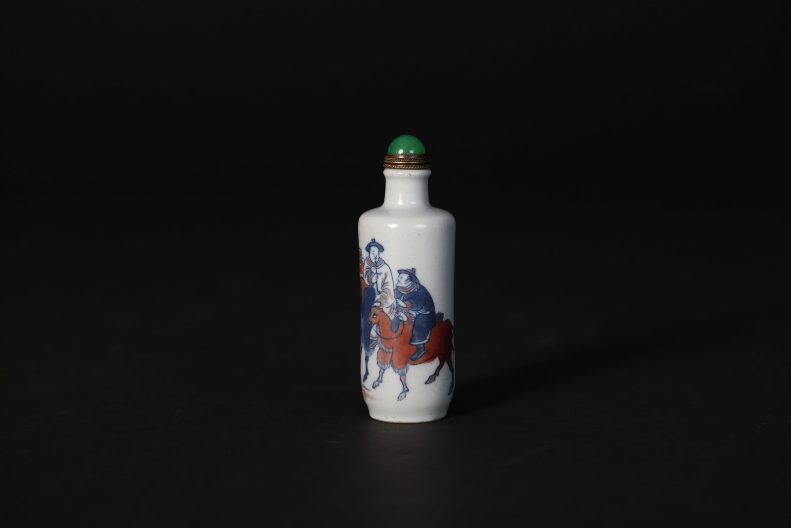 Qing underglaze-blue & underglaze-red snuff bottle, landscape with camel rider, fitted stopper (1 of 6)