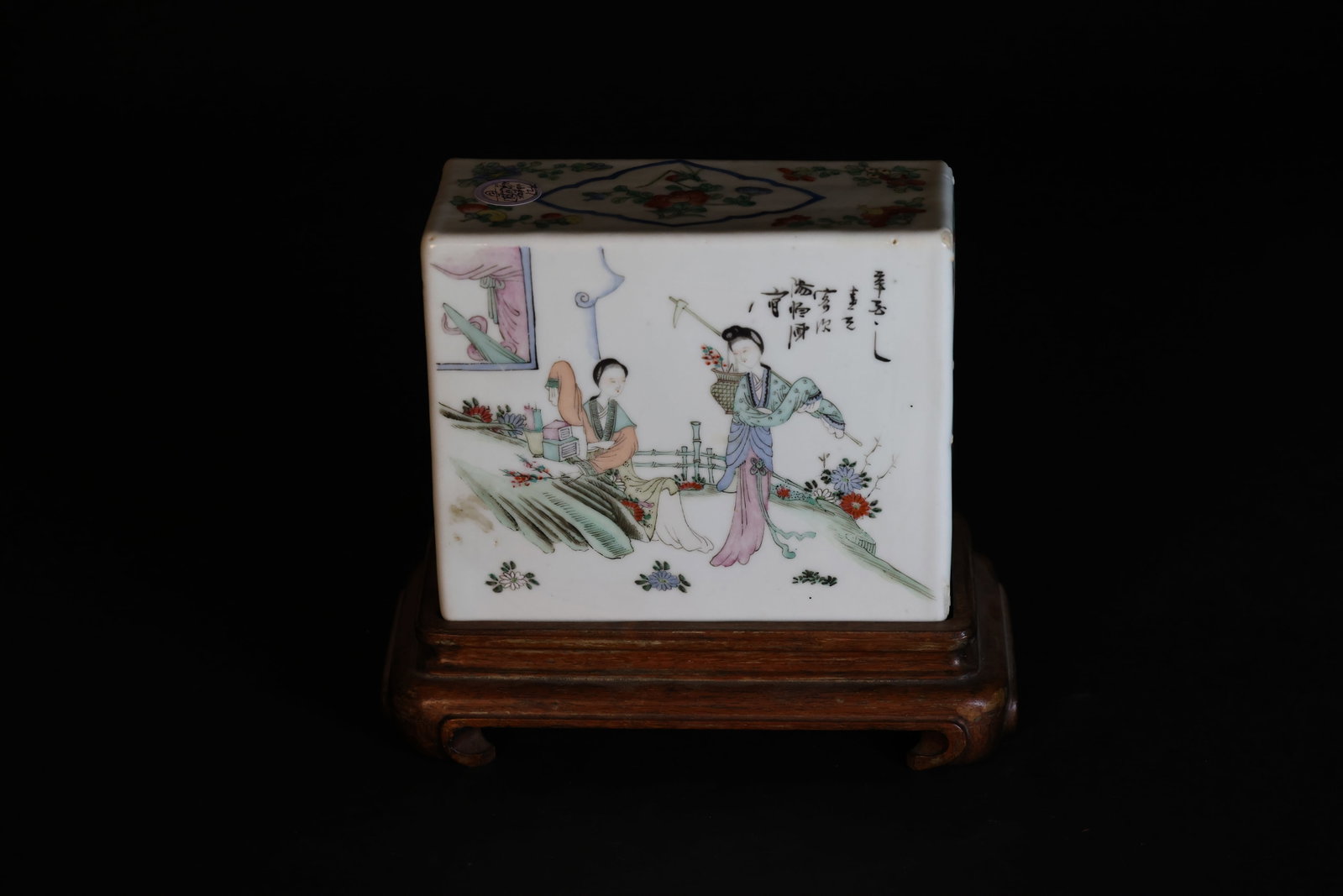 Qing–Republican pale polychrome ceramic pillow with ladies, flowers & poems, on wood stand (1 of 6)