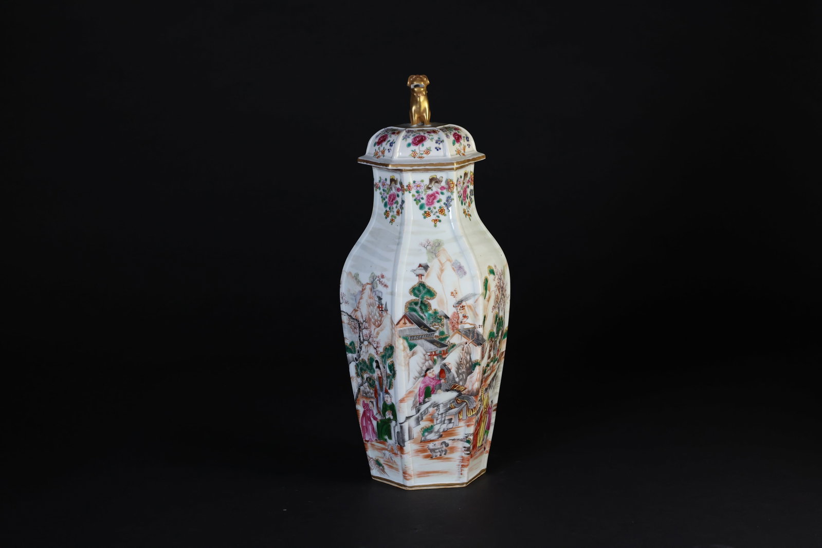 Mid-Qing Famille Rose Hexagonal Covered Bottle, Figures & Landscapes, Export Porcelain: H 46cm W 16.5cm