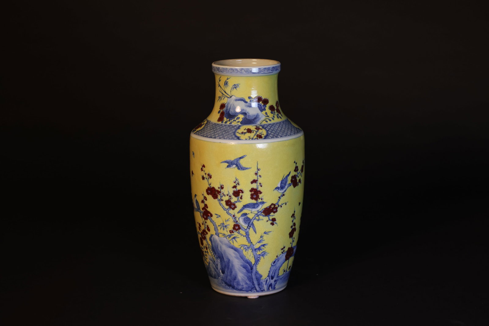 Mid-Qing yellow-ground blue and underglaze-red flowers-and-birds bottle with banquet motif (1 of 6)