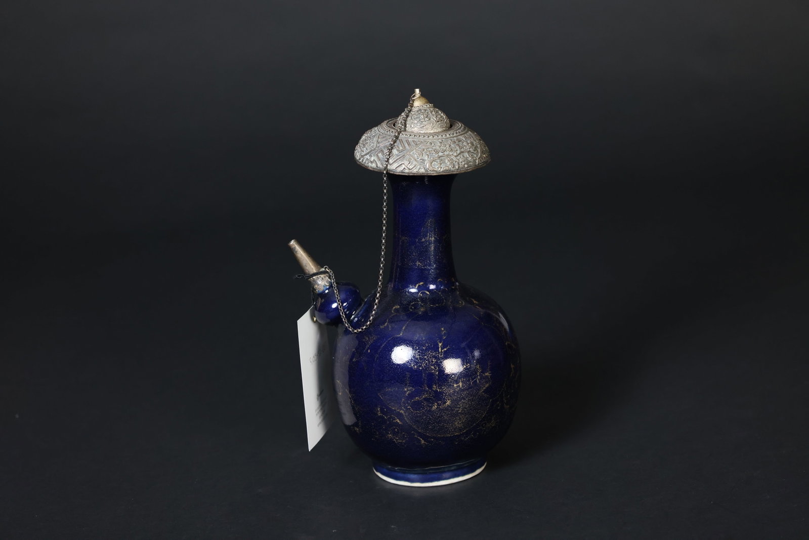 Late Qing blue?glazed, gilt?painted panelled?landscape wine ewer (term "???" uncertain): Naturally aged, with some loss of gilt decoration, inlaid silver ornaments, otherwise in excellent overall condition. H 31cm W 16.4cm