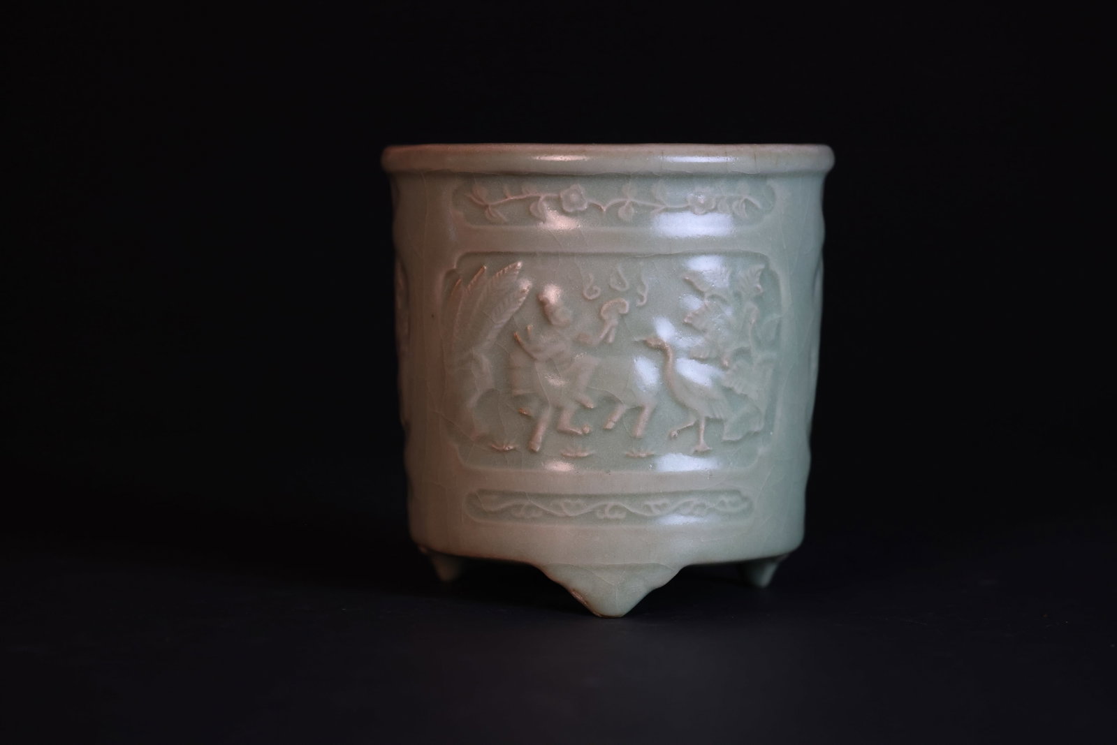 Longquan Celadon Tripod Censer with Molded Deer, Crane & Immortal in Three-Panel Cartouches (1 of 5)