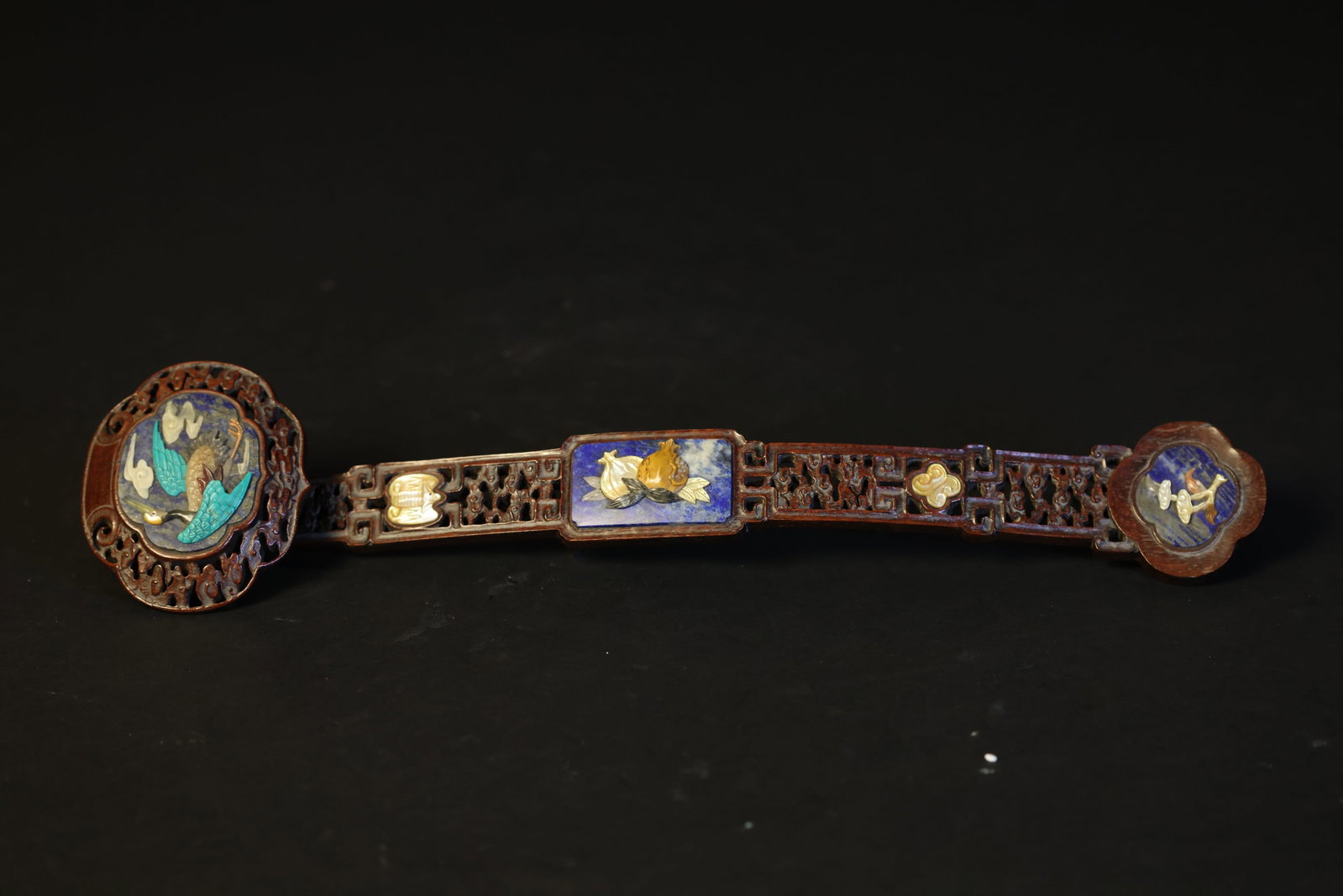 Chuanghui Period Rosewood Carved Ruyi with Cloud, Crane Motifs and Eight-Treasure Inlay