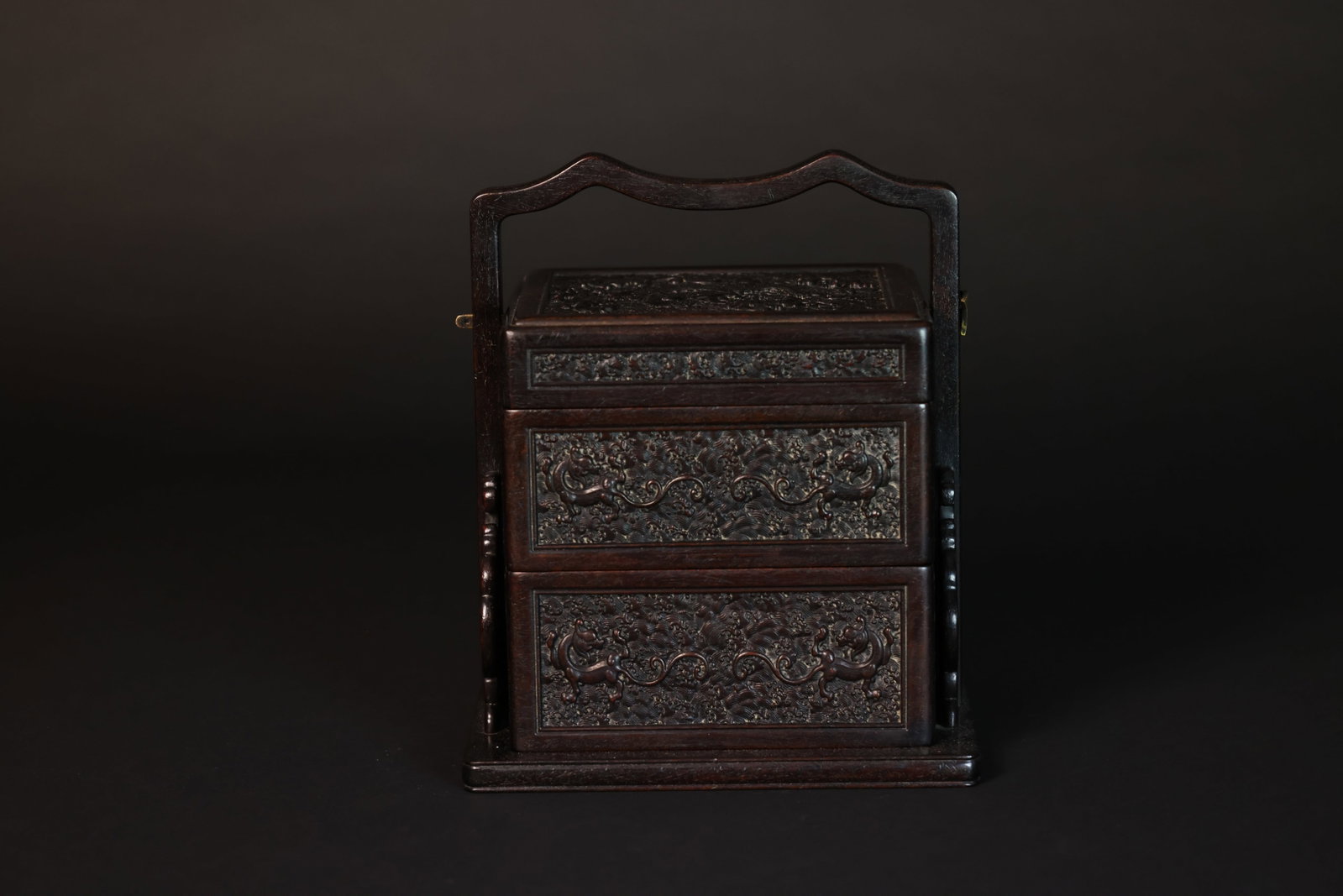 Carved Zitan Three-Tier Handled Carrying Box with Dragon-and-Waves Motif (1 of 7)