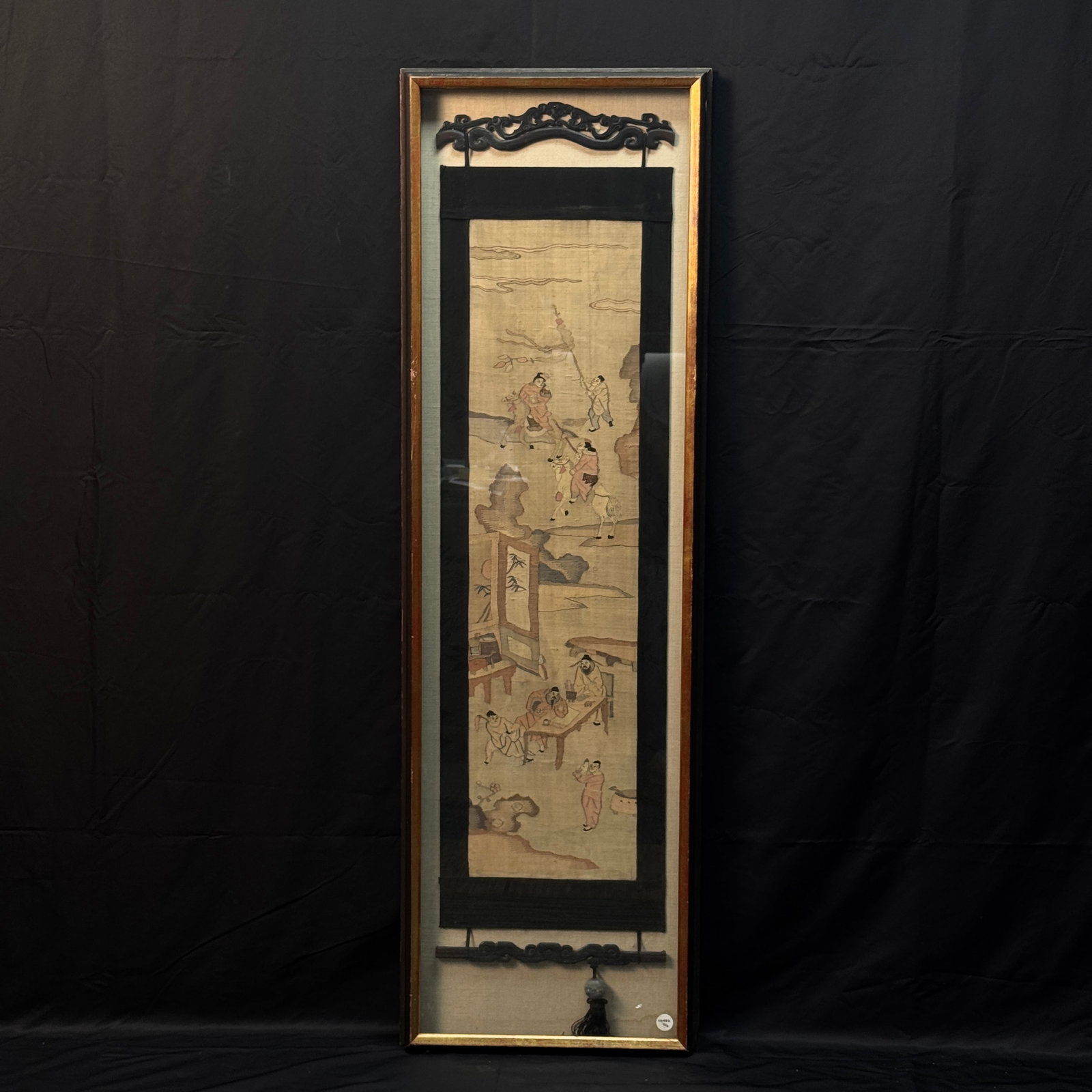 Late Qing–Republican Kesi Silk Framed Panel with Narrative Figures: Naturally aged with patina and signs of wear; one lens has a crack with adhesive residue, otherwise in overall good condition. H 174cm W45.5cm